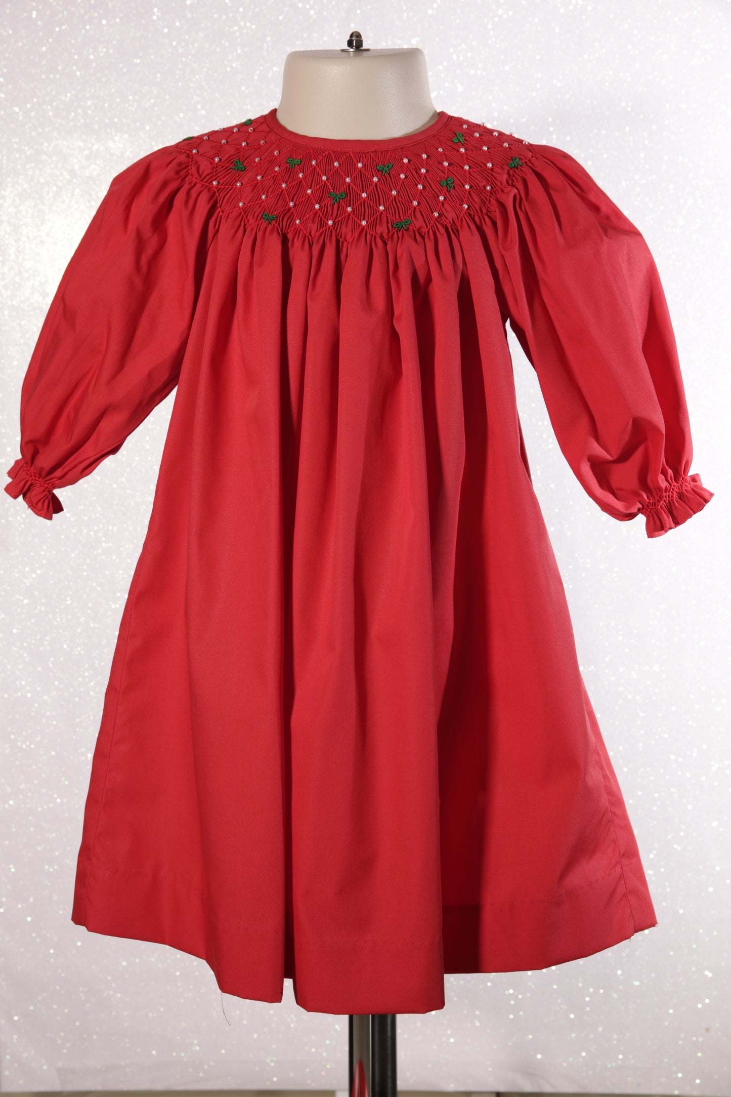 Christmas Red Smocked With Green Bows Bishop Dress
