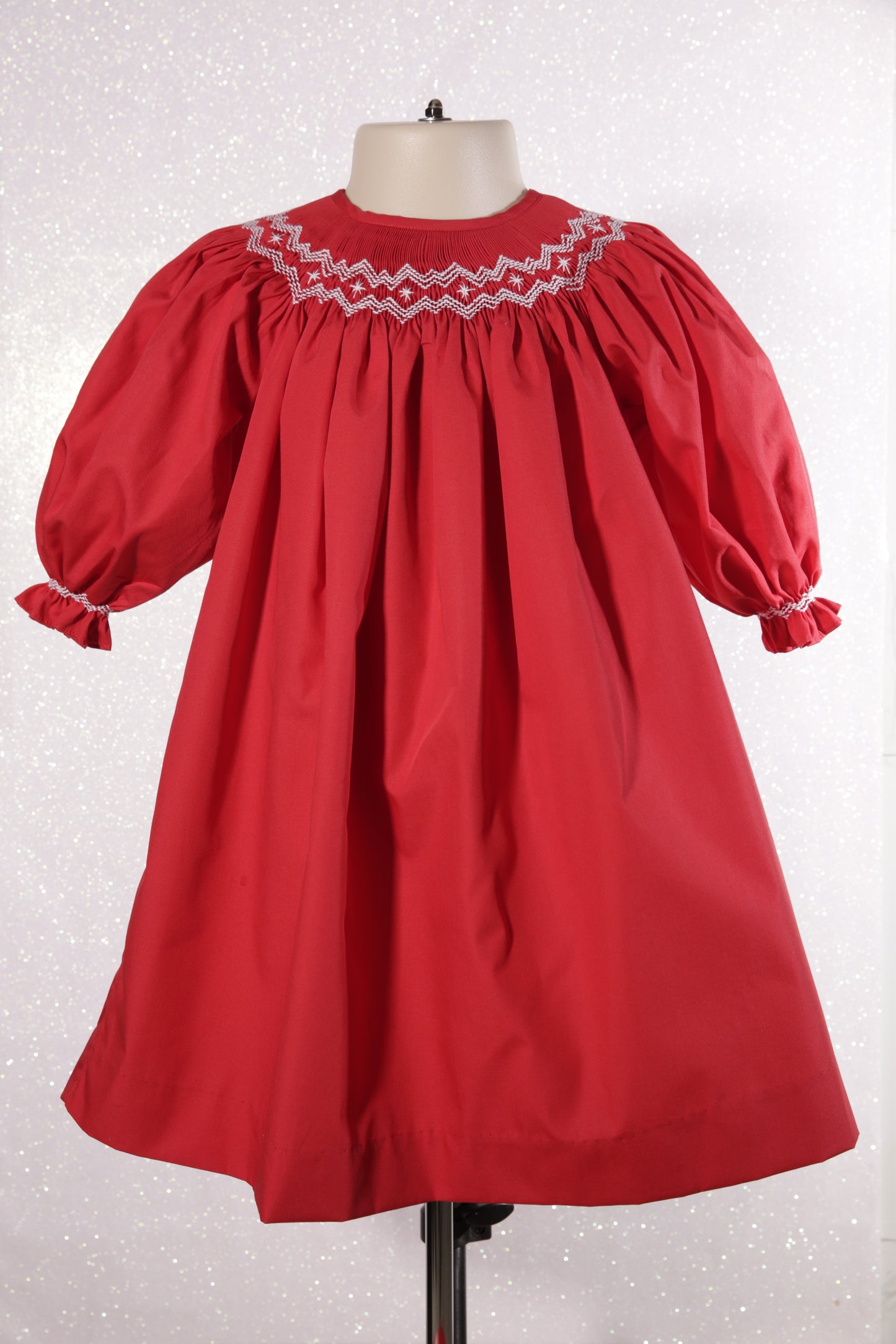 Red Geometric Smocked Long Bishop Sleeve Dress