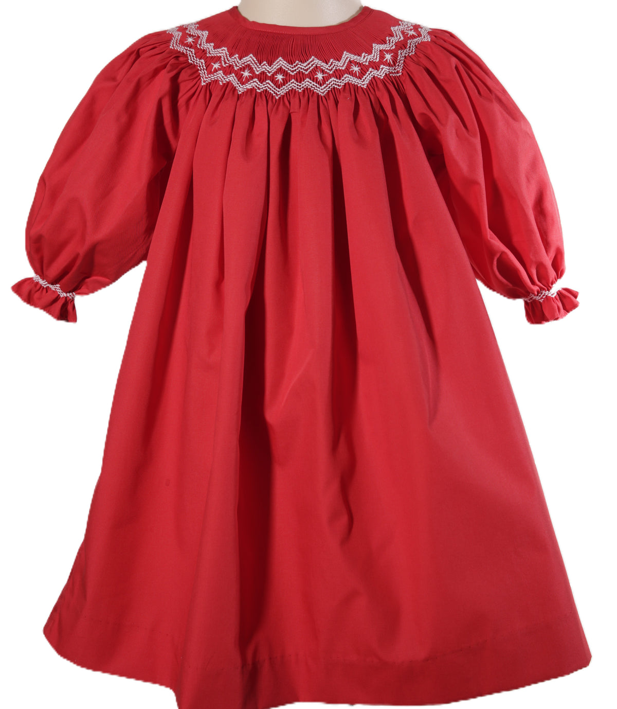 Red Geometric Smocked Long Bishop Sleeve Dress