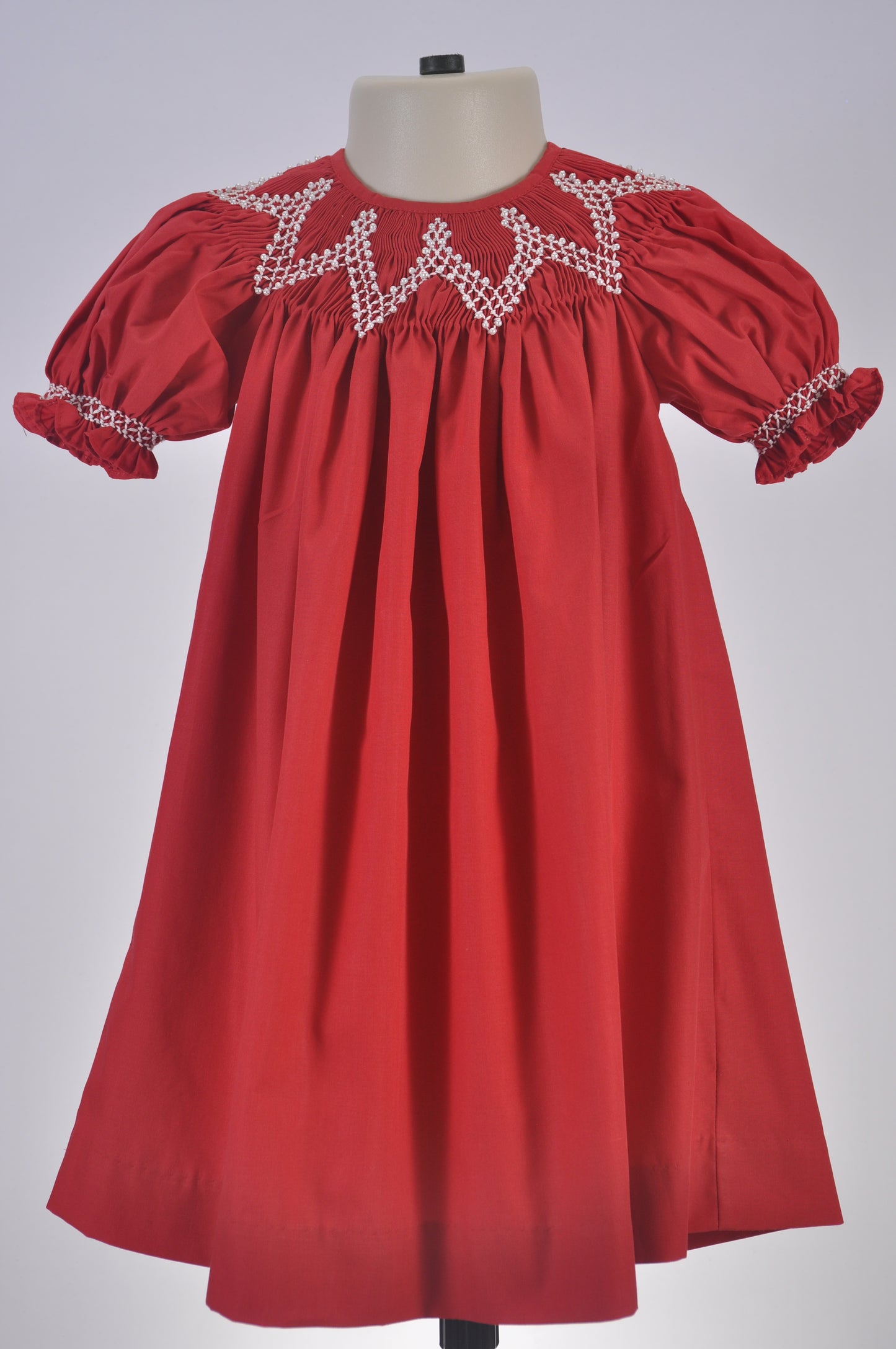 Red Geometrric Smocked with Pearls Short Sleeve Bishop Dress