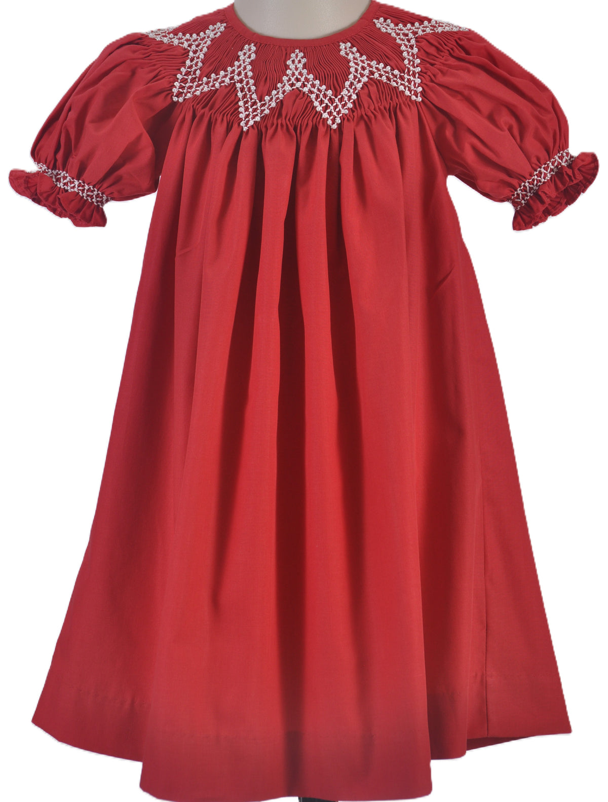 Red Geometrric Smocked with Pearls Short Sleeve Bishop Dress