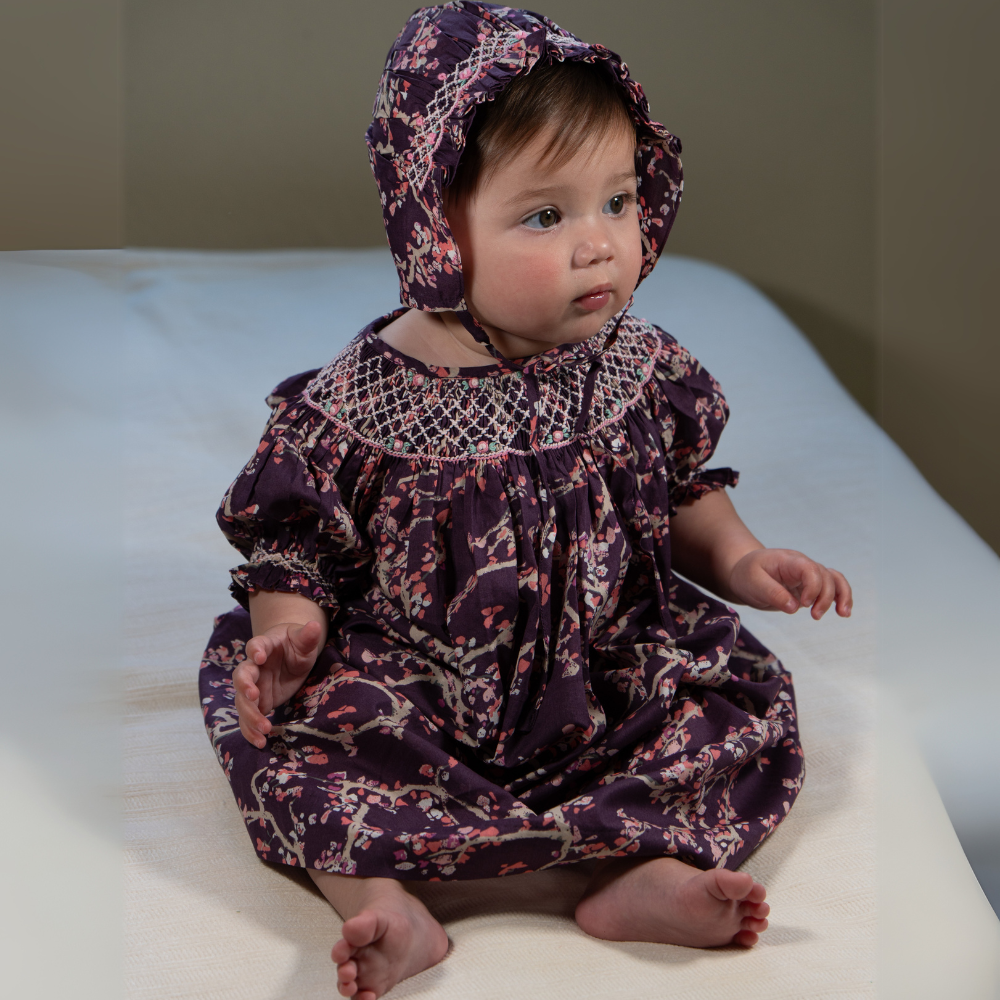 Printed Smocked Short Sleeve Bishop Dress with Beautiful Smocked Bonnet