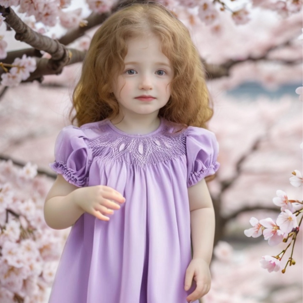 Purple Geometric Smocked Short Sleeve Bubble featuring 3 Little Bunnies Embroidered