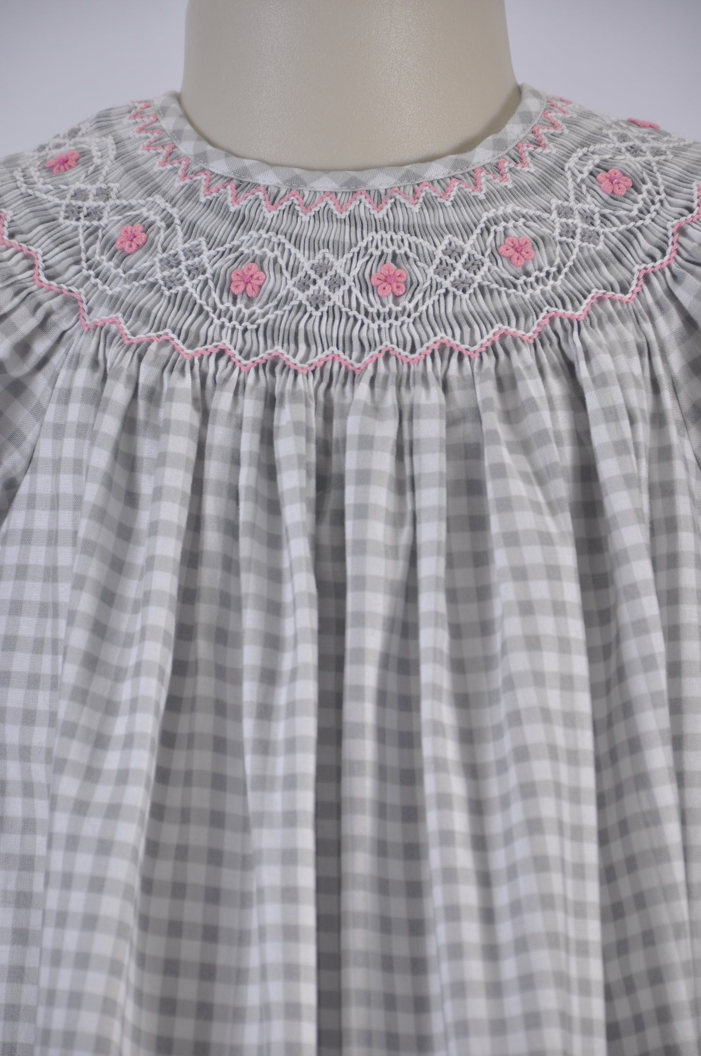 Gray & White Checked Geo Smocked Angel Sleeve Bishop Dress