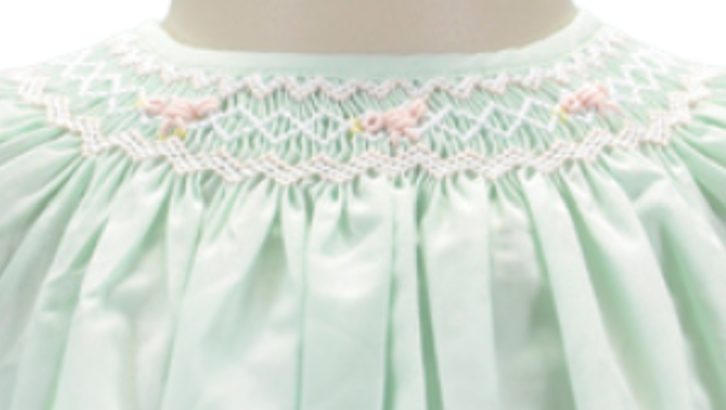 Mint Geometric Smocked Short Sleeve Bishop Dress With Little Birds Embroidered