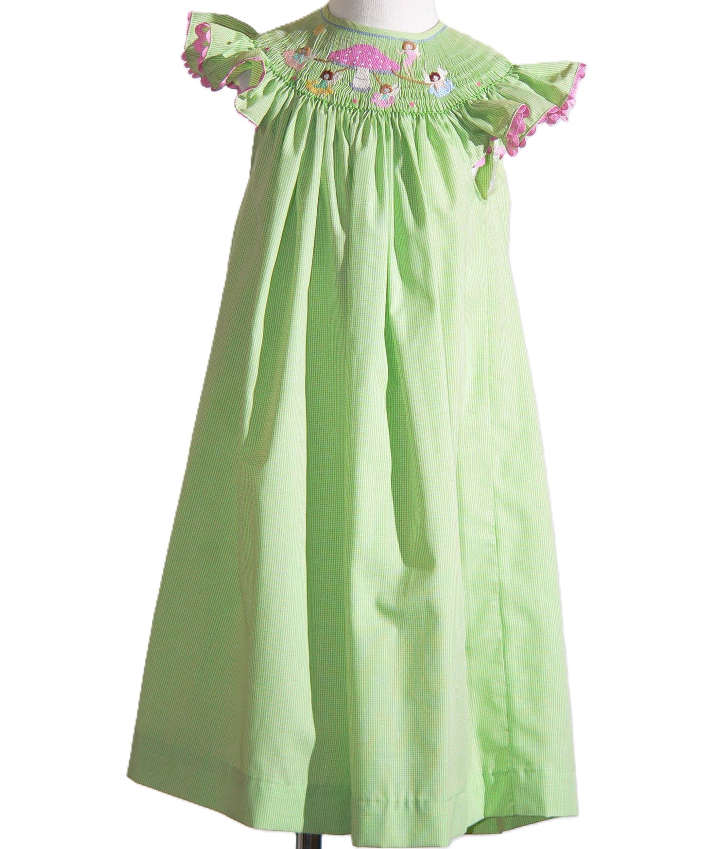 Green Gingham Mushroom Faries Smocked Short Sleeve Bishop Dress