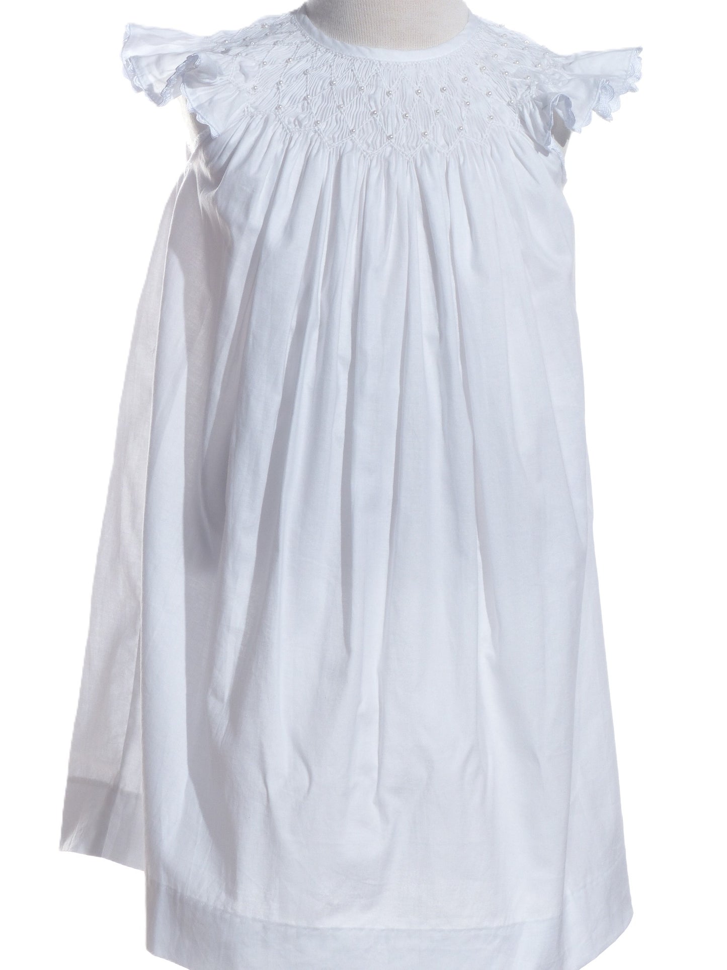 White Geometric Smocked with Pearl Angle Wing Sleeve Dress