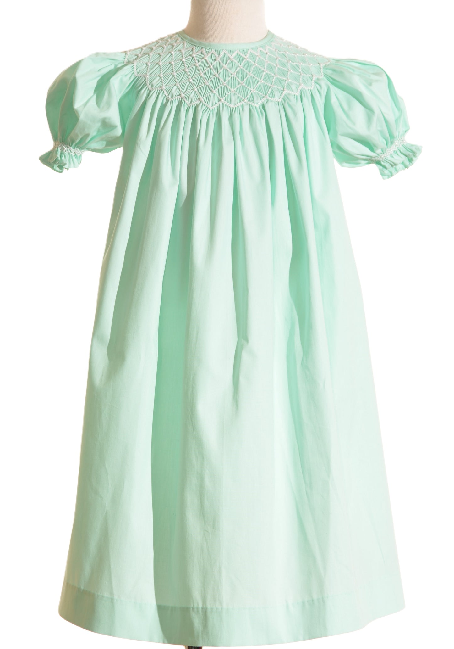 Turquoise Geo Smocked With Pearls Short Sleeve Bishop Dress