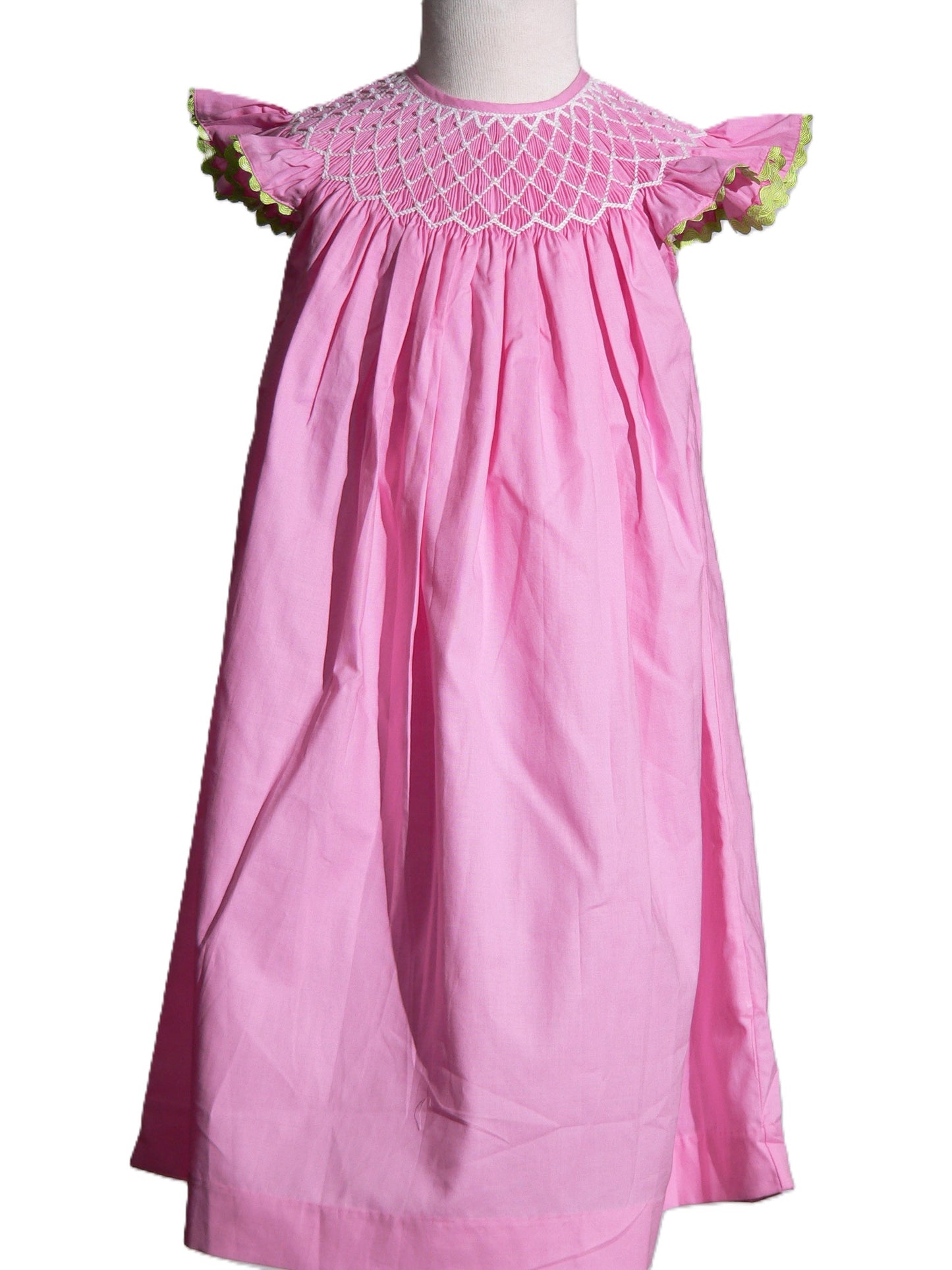 Pink Geometric Smocked With Pearls Angel Wing Sleeve Dress