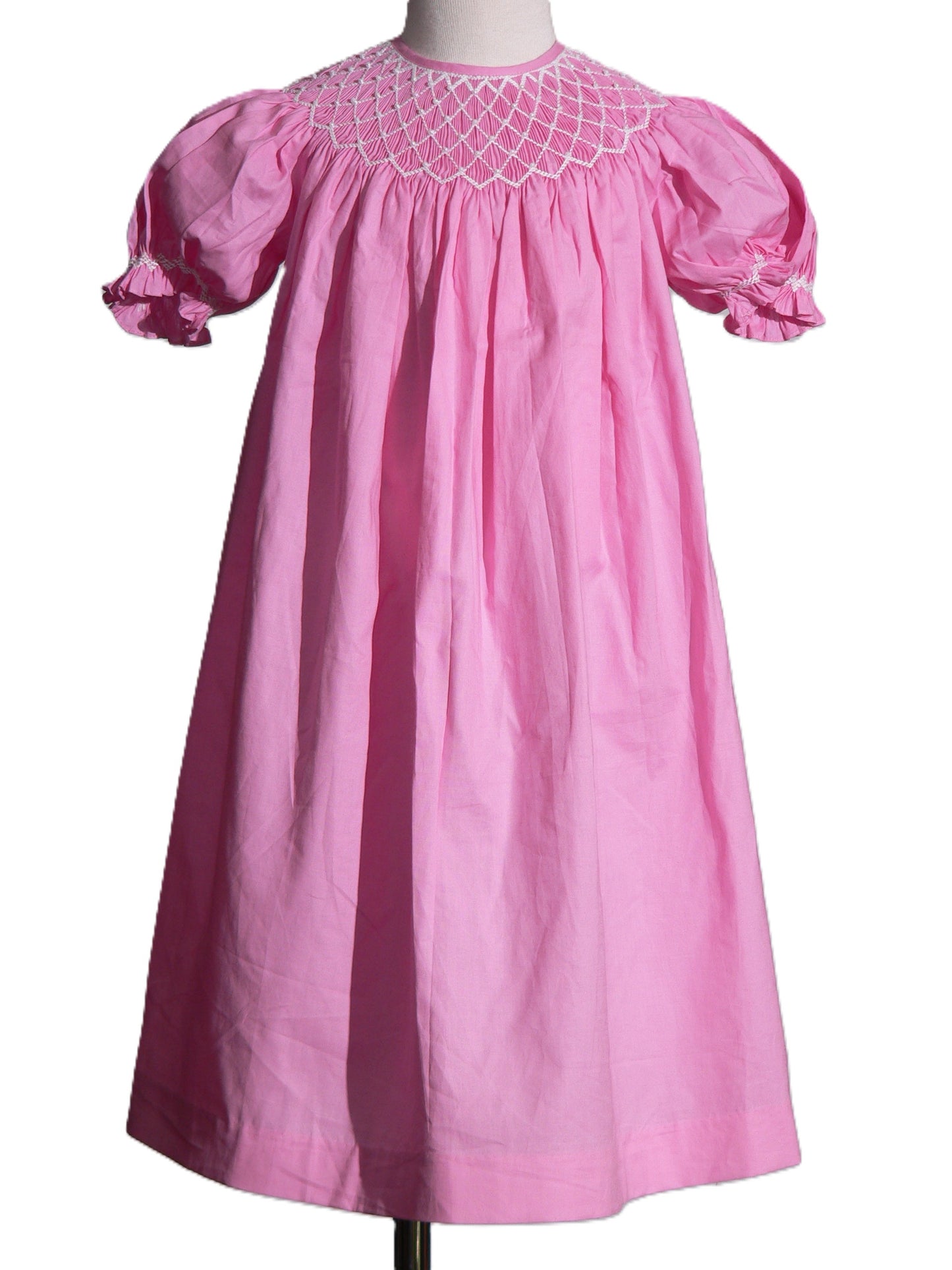 Pink Geometric Smocked With Pearls Short Bishop Sleeve Dress