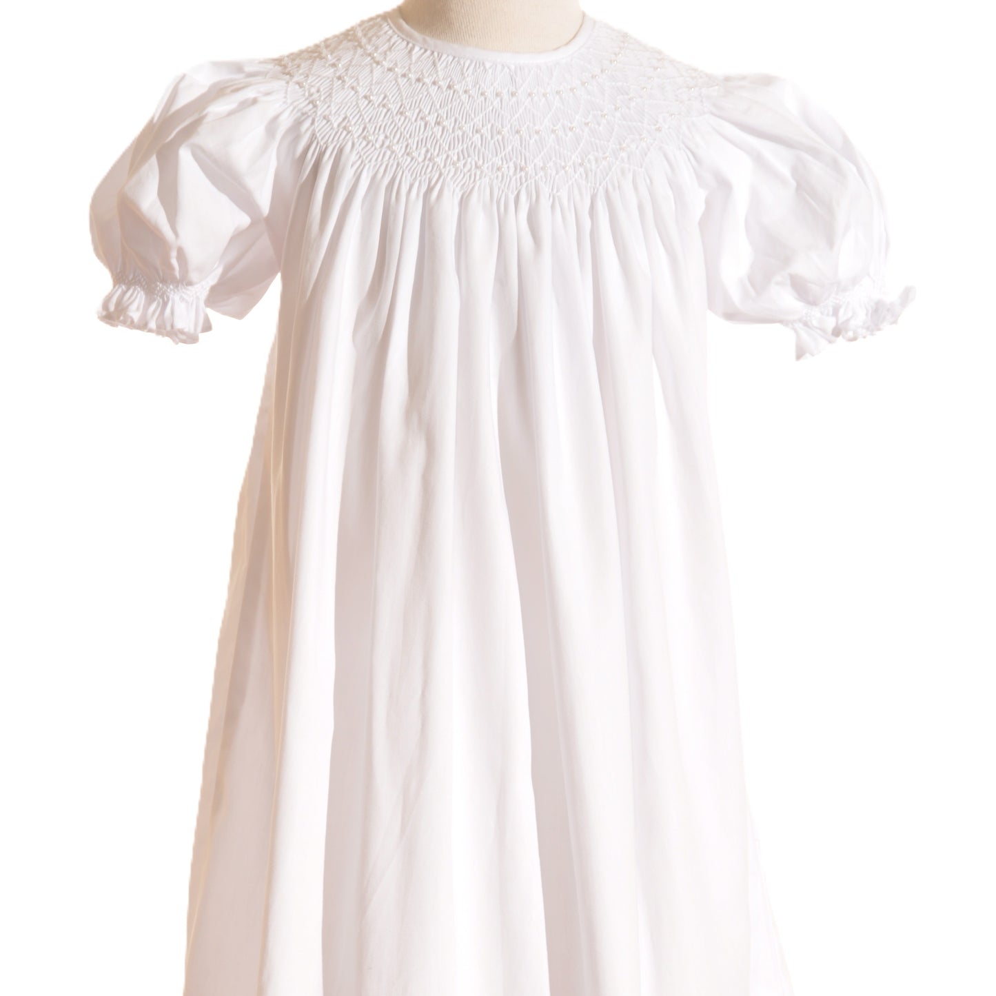 White Geometric Smocked with Pearl Short Bishop Sleeve Dress