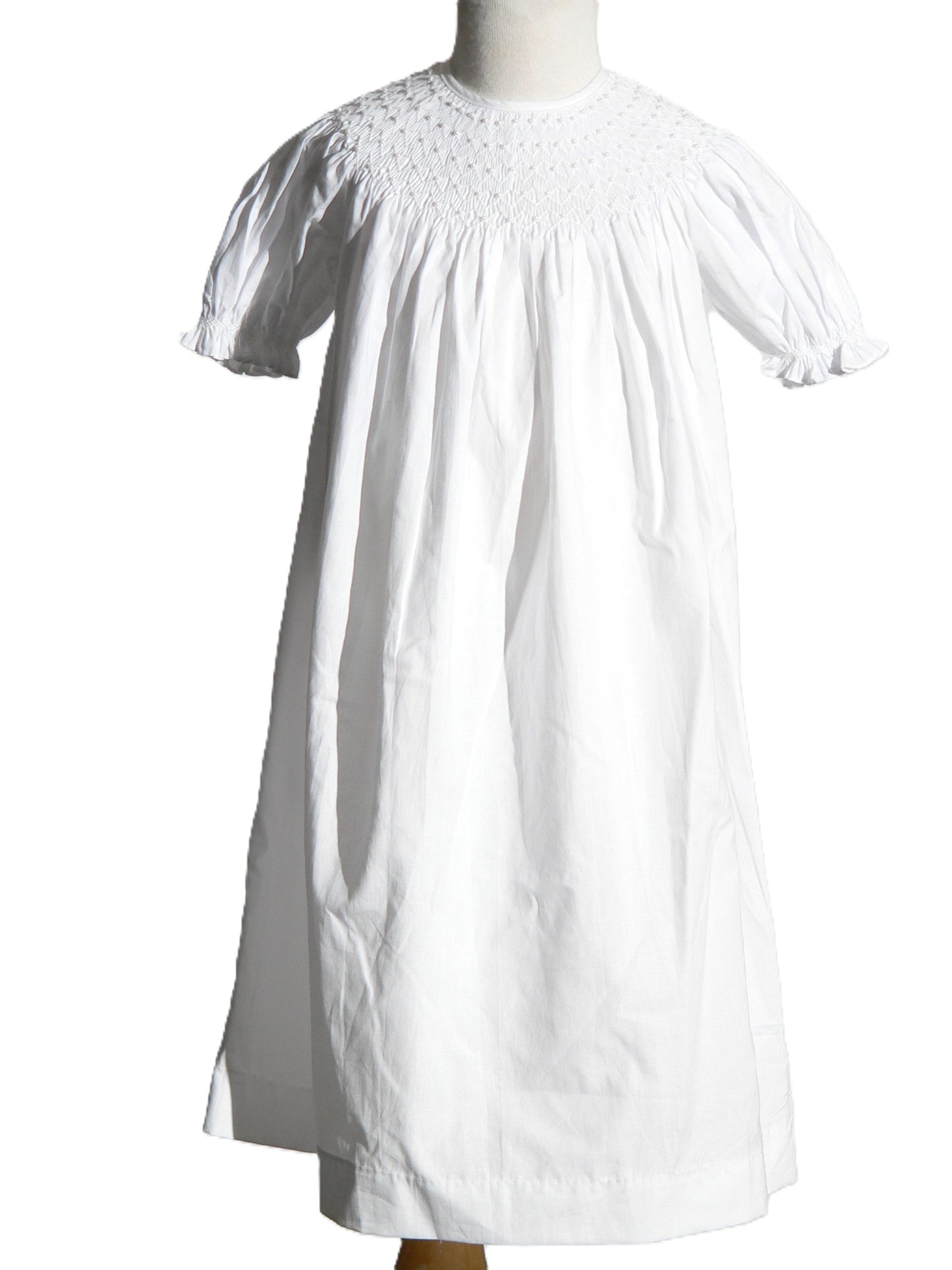 White Geometric Smocked with Pearls Short Bishop Sleeve Dress
