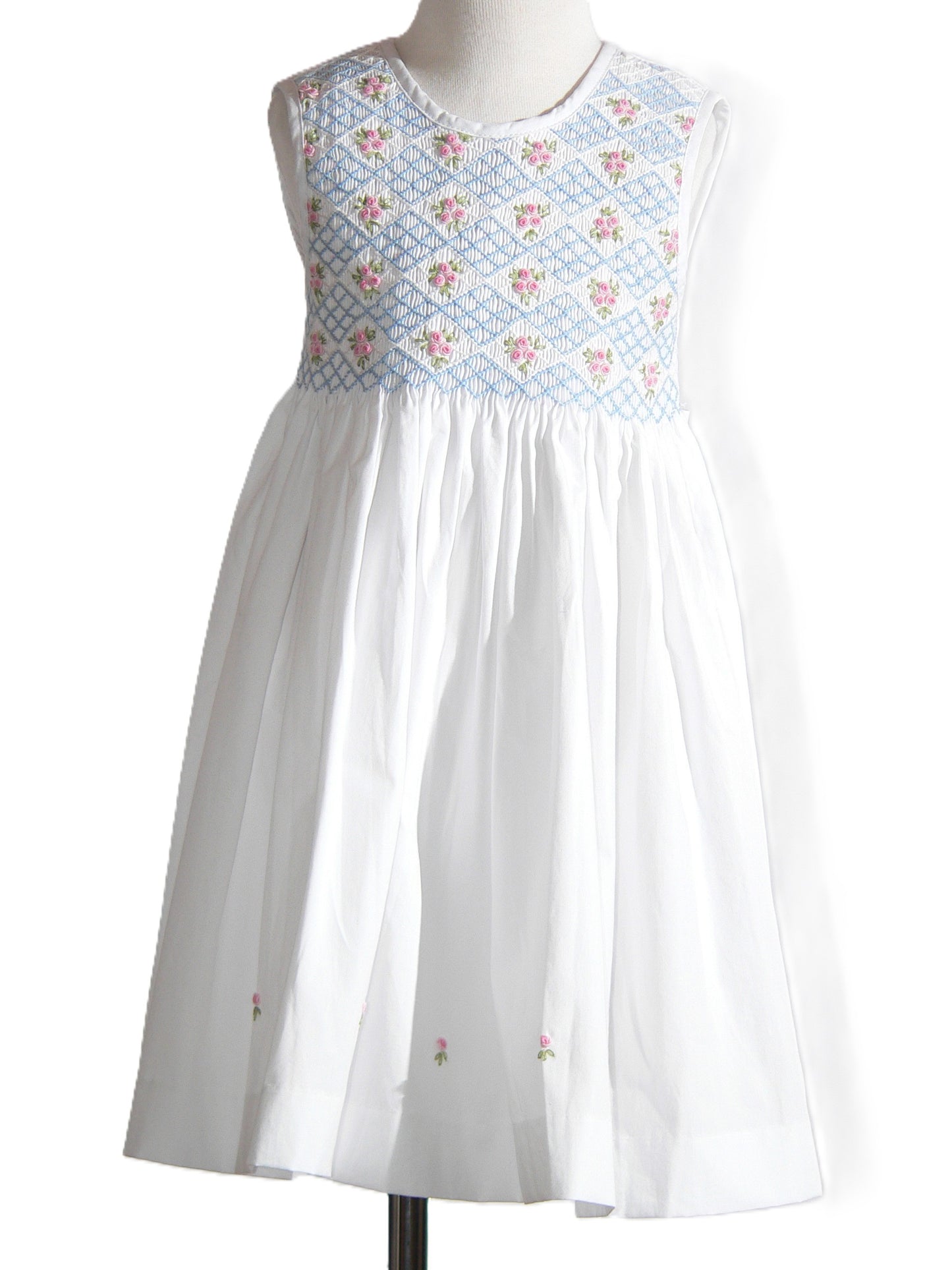 White Geometric Smocked with Roses Sleeveless Dress