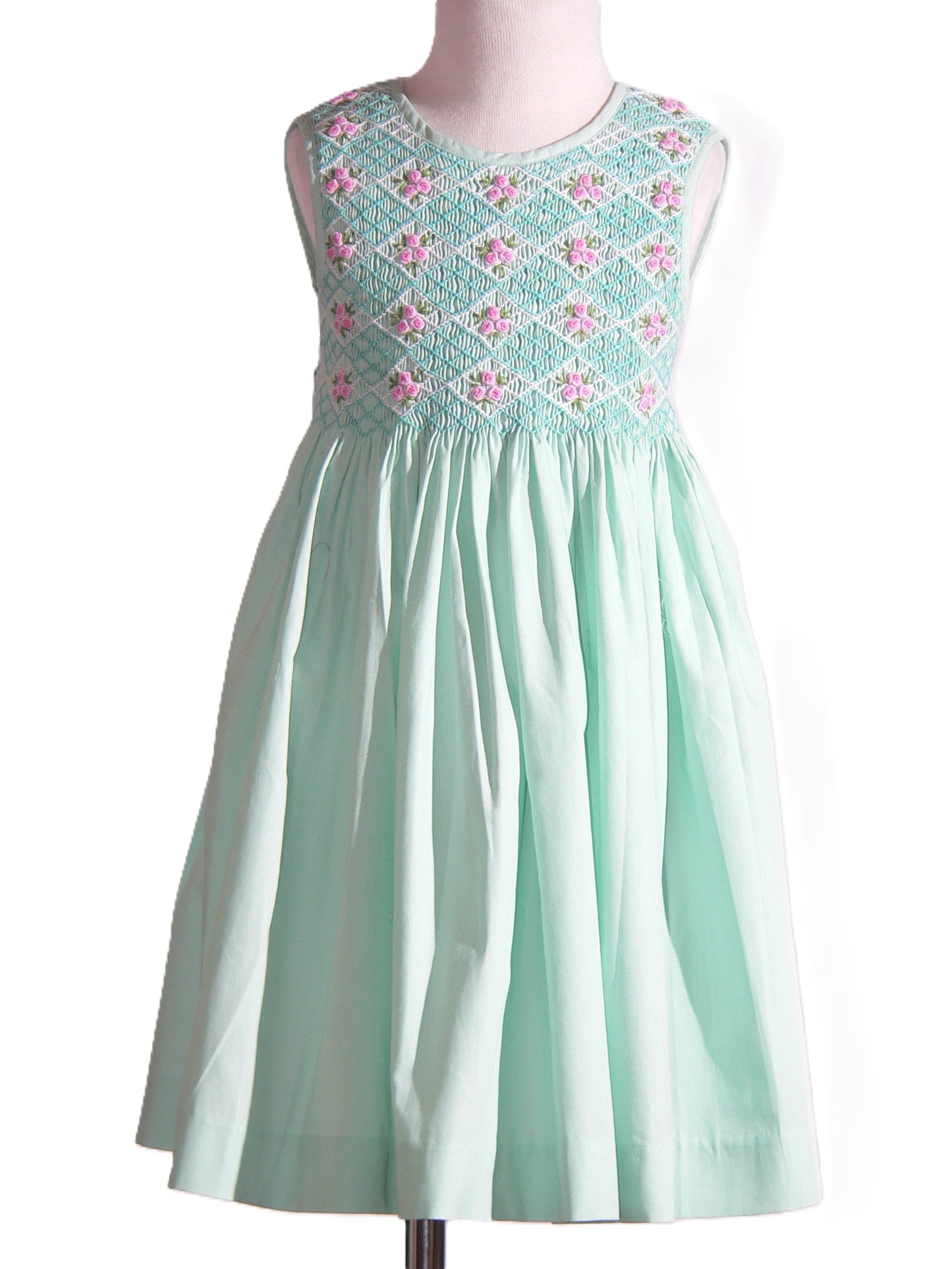 Mint Geometric Smocked with Roses Sleeveless Dress