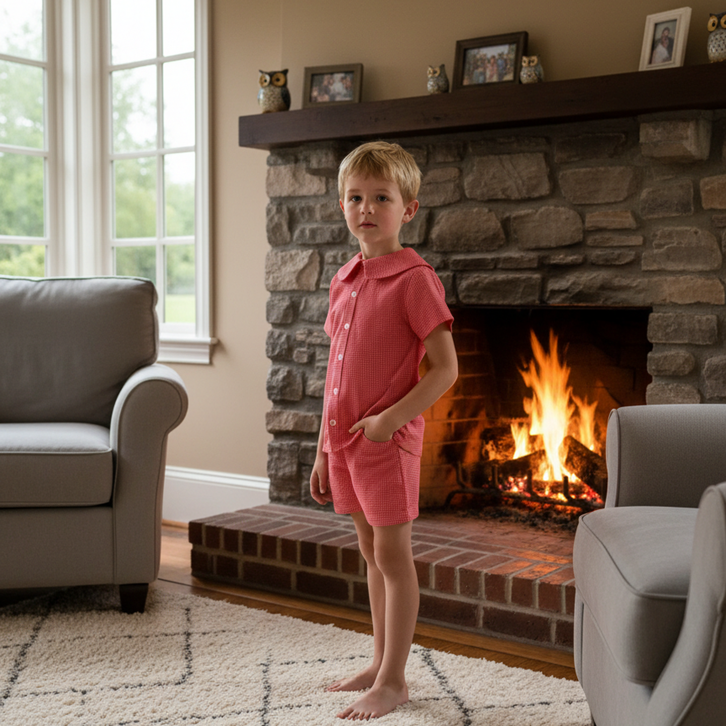 Red Gingham Boy Short Set with Peter Pan Collar