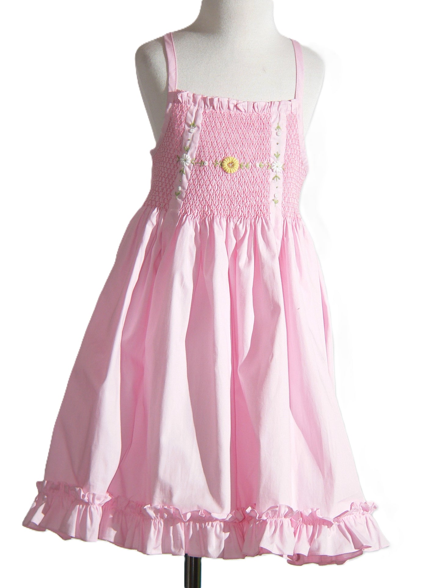 Pink Geometric Smocked with Dasies Two Strings Sleeveless Dress