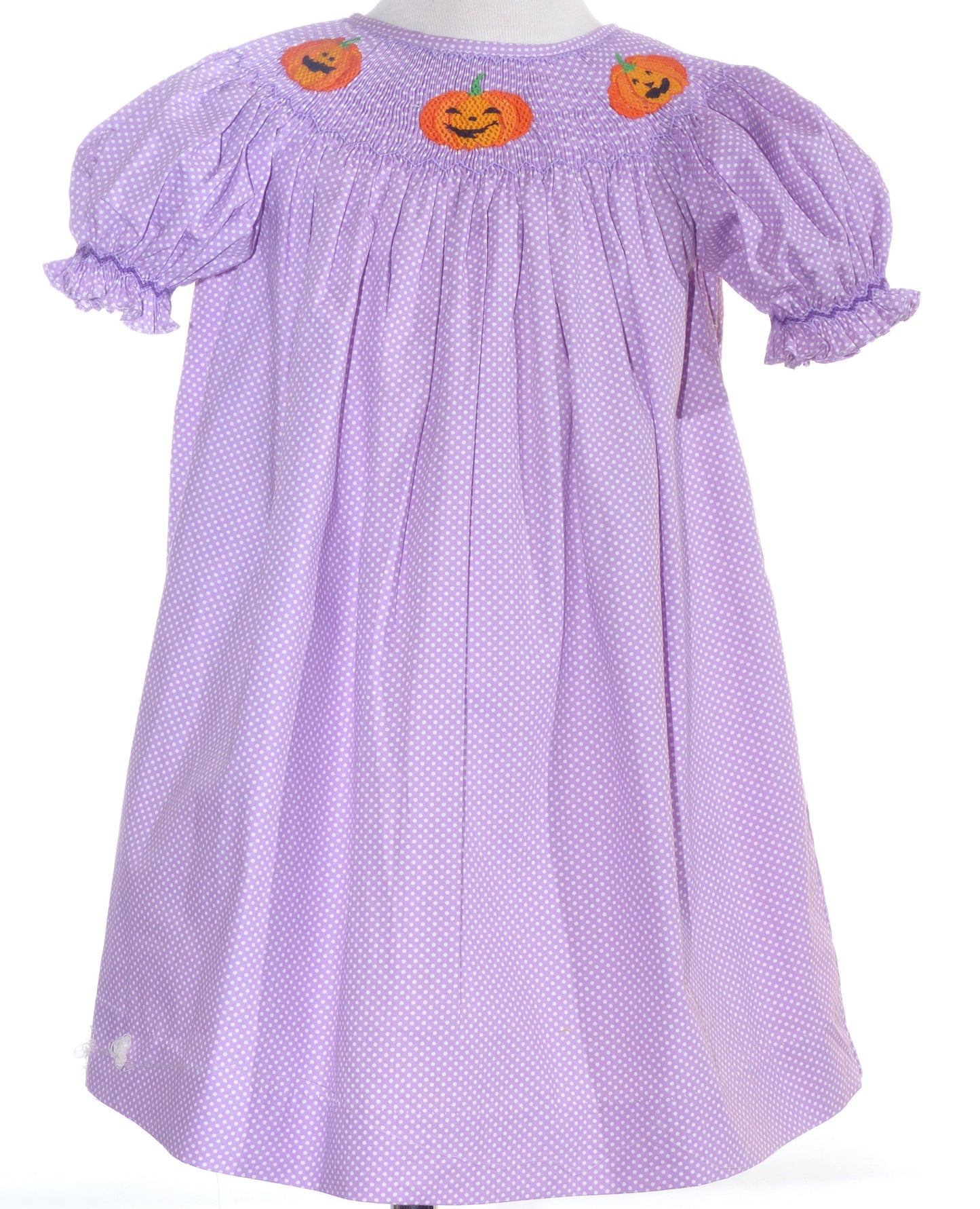 Light Purple Polka Dot Short Bishop Sleeve Dress featuring PUMPKINS Hand-Smocked