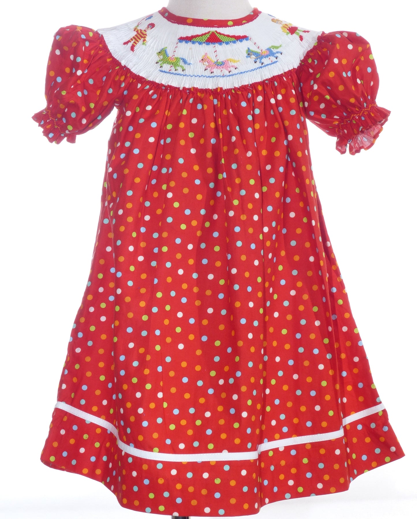 Red Polka Dot Short Bishop Sleeve Dress Featuring CAROUSEL HORSES Hand-Smocked