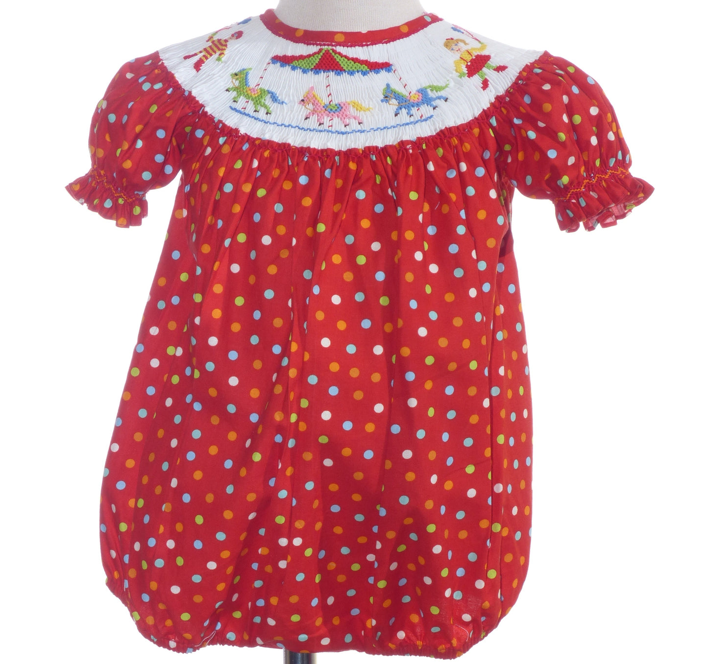 Red Polka Dot Short Sleeve Bubble Featuring CAROUSEL HORSES Hand-Smocked