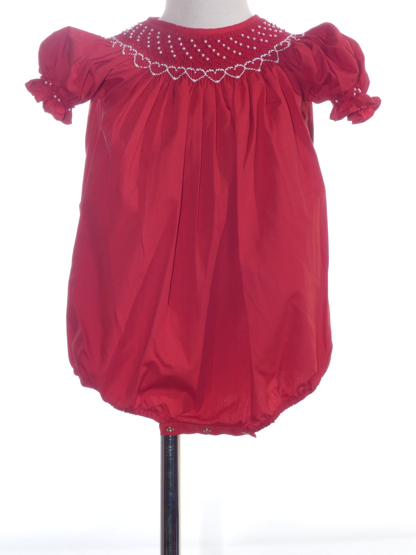 Red Geo Smocked With Pearls Short Sleeve Bubble