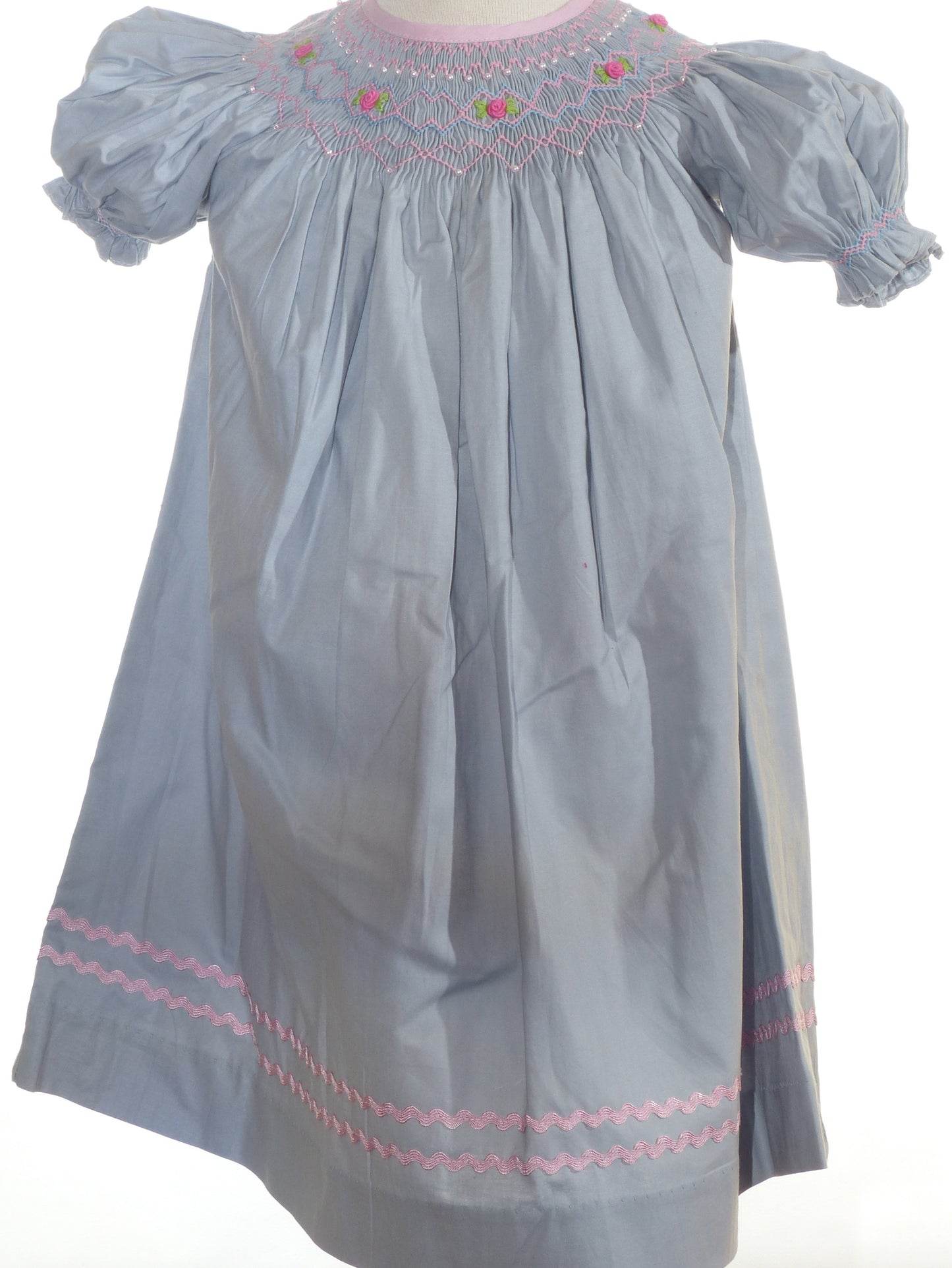Grey Geometric Smocked Short Bishop Sleeve Dress Featuring Floral Embroidered