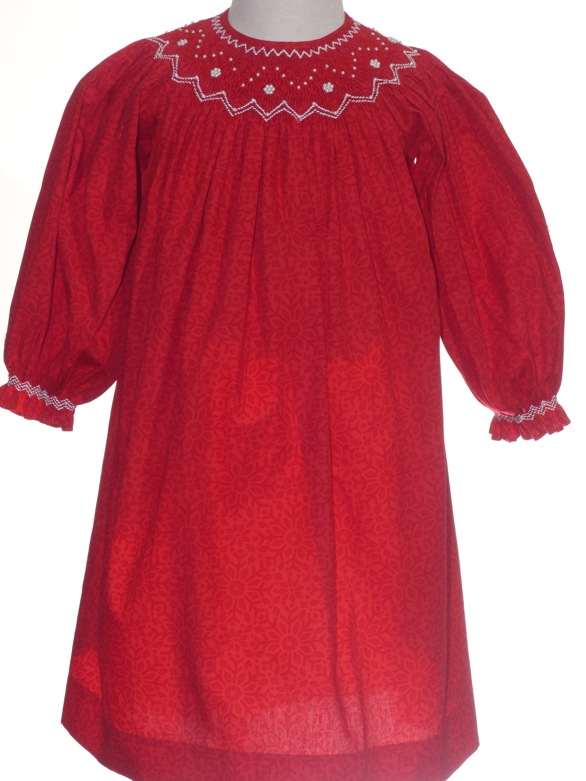 Red Pearl Smocked With Long Bishop Sleeve Dress