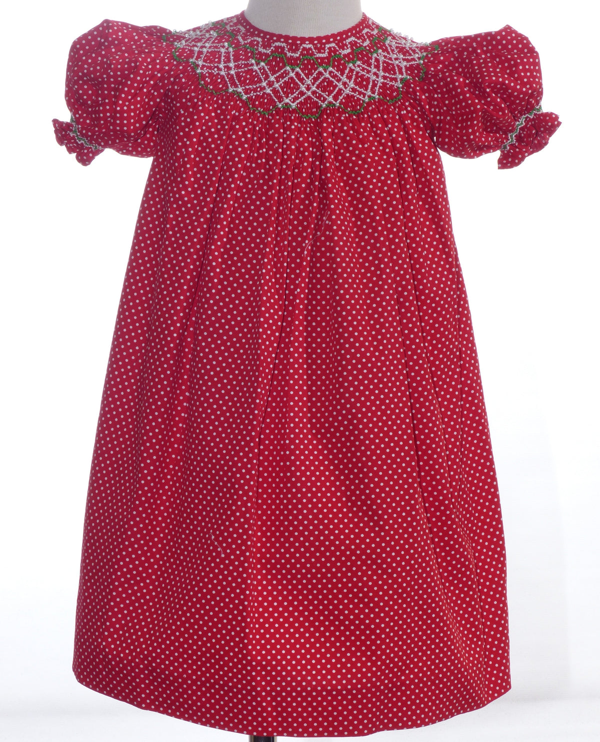 Red Polka Dot Geometric Smocked Short-Sleeve Bishop Dress
