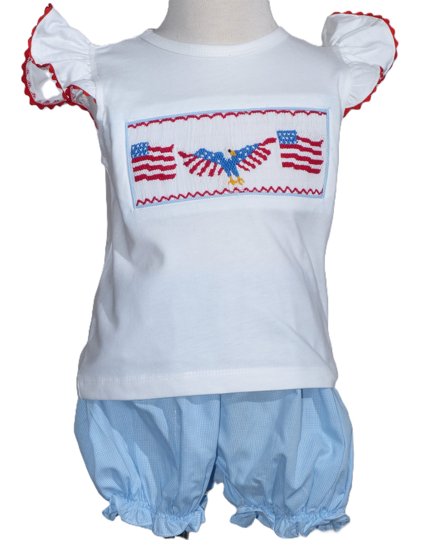 Blue Gingham FLAG SMOCKED Angel Wing Short Set