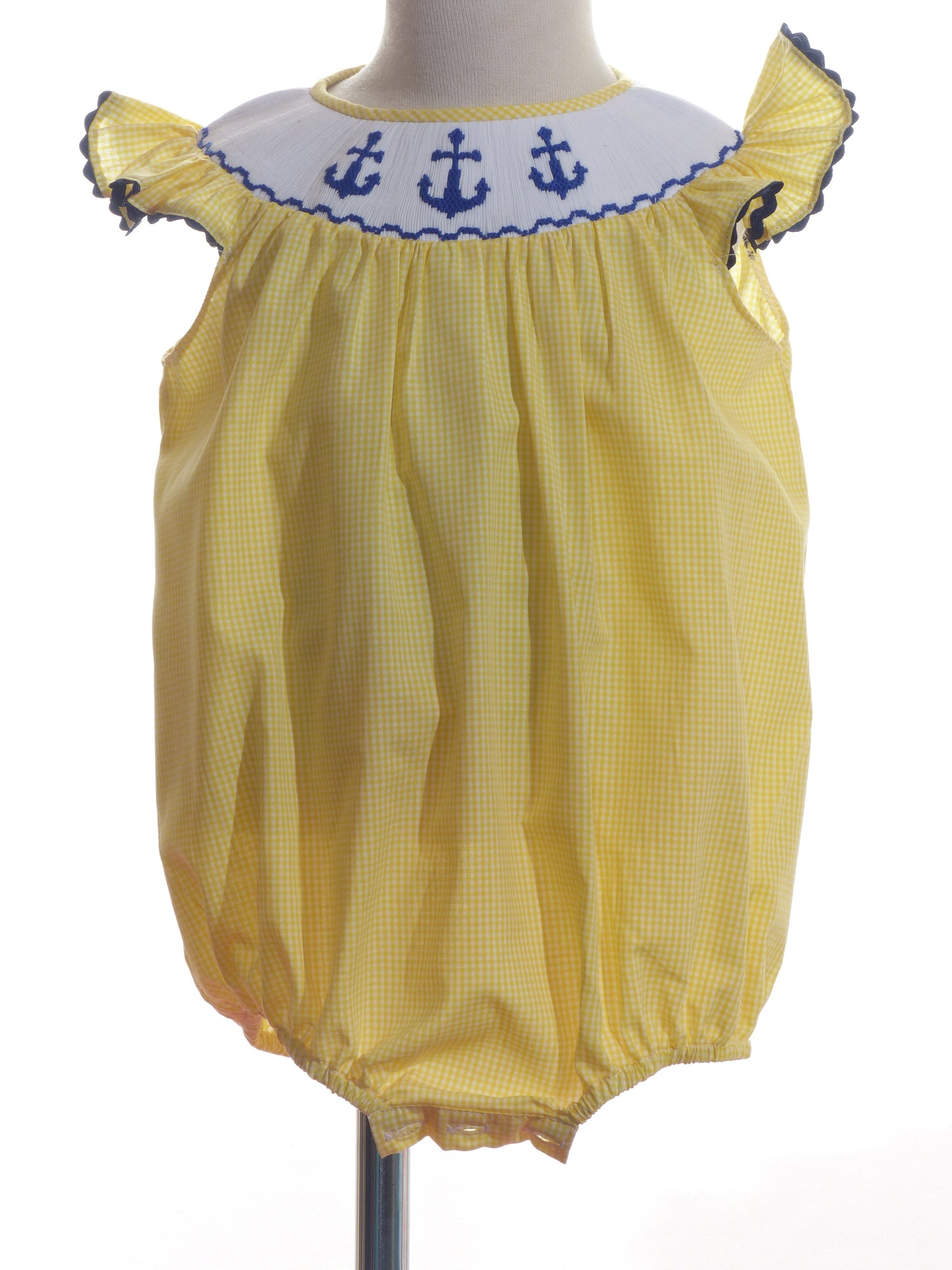 Yellow Gingham Anchors Smocked Angel Wing Sleeve Bubble