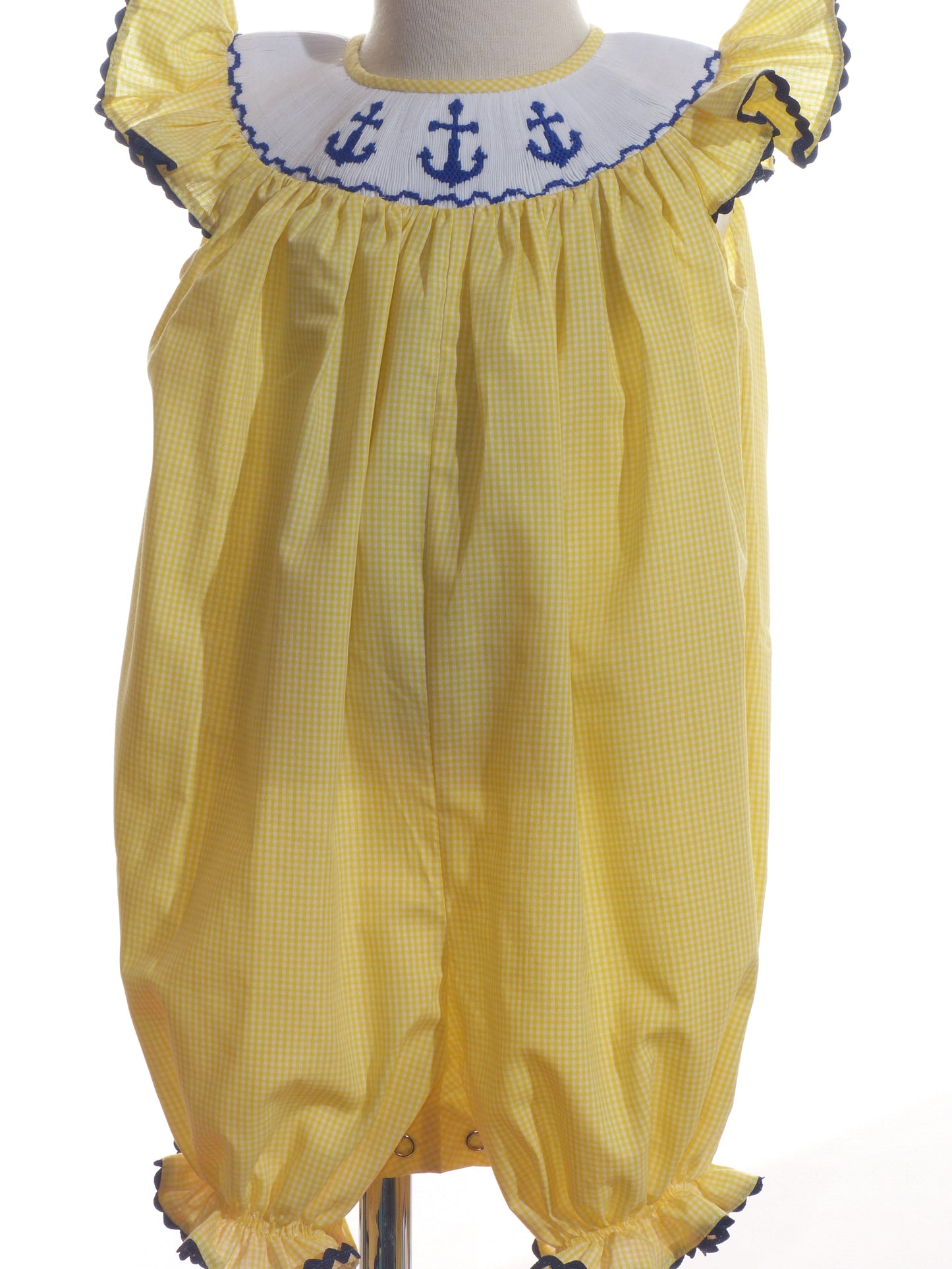 Yellow Gingham Anchors Smocked Angel Wing Sleeve Romper
