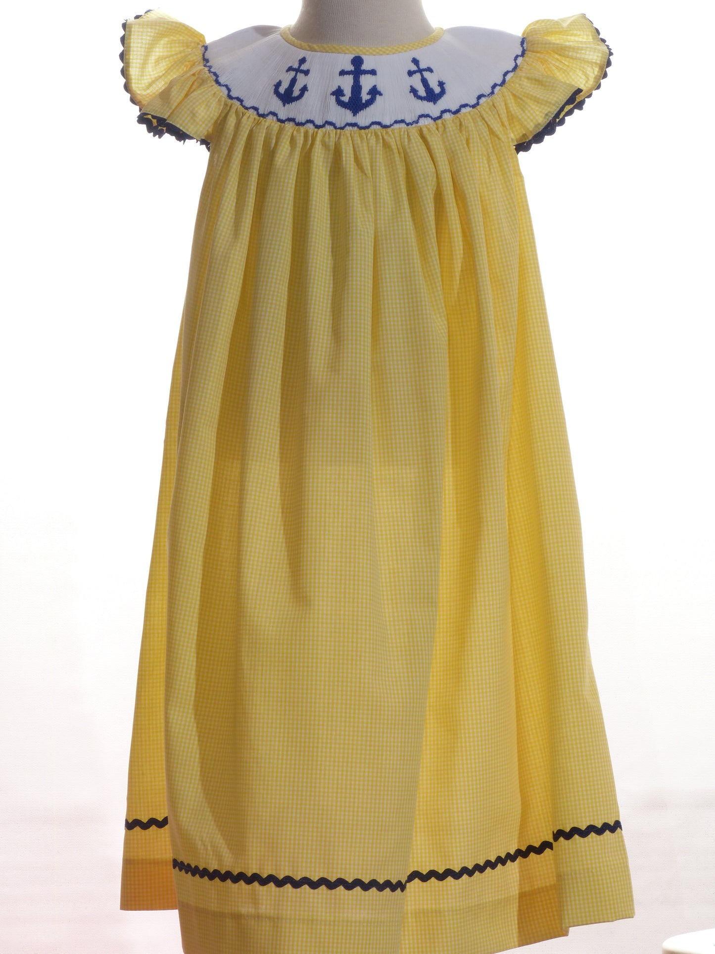 Yellow Gingham Anchors Smocked Angel Wing Sleeve Dress