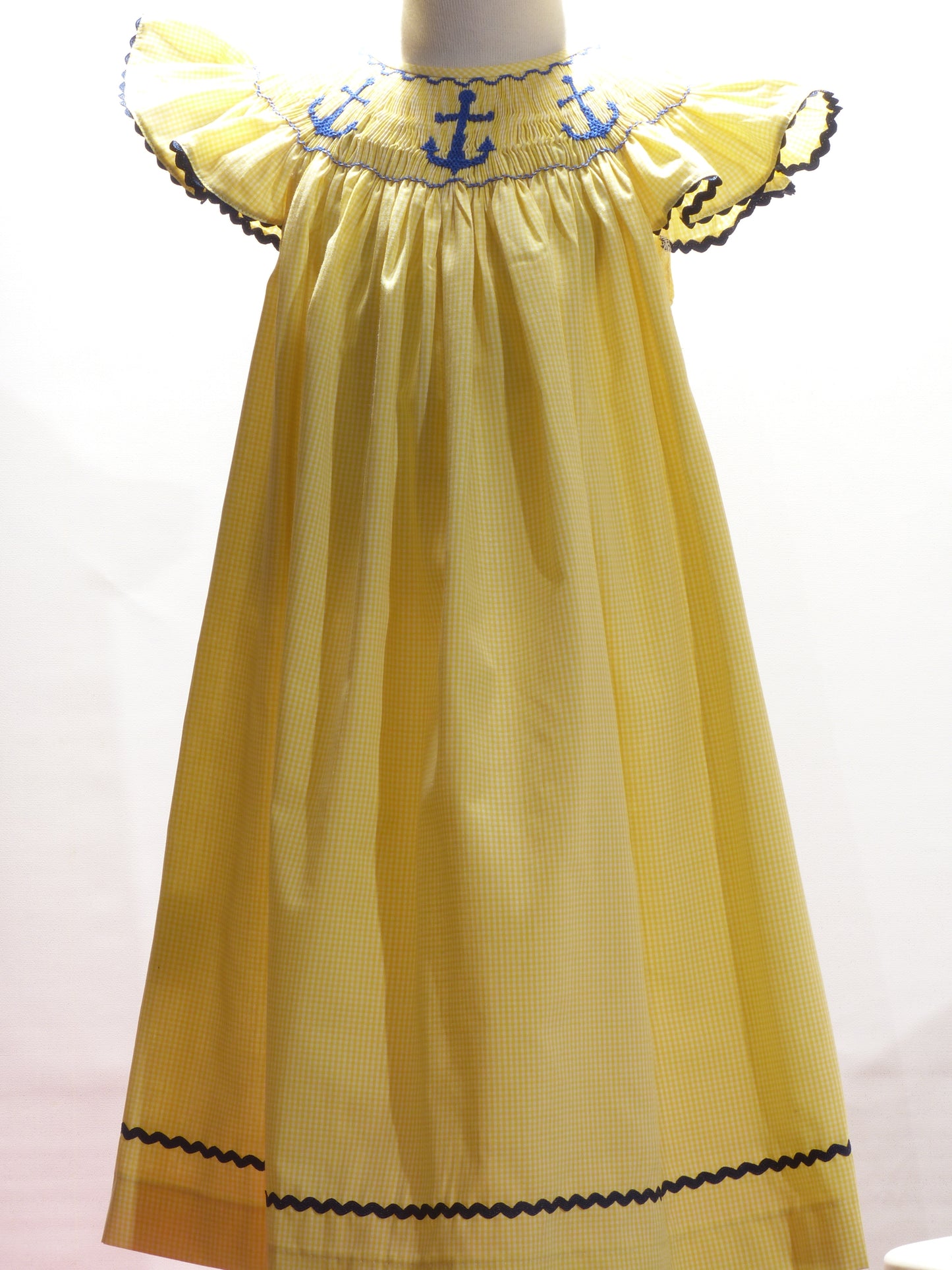 Yellow Gingham Anchors Smocked Angel Wing Sleeve Dress