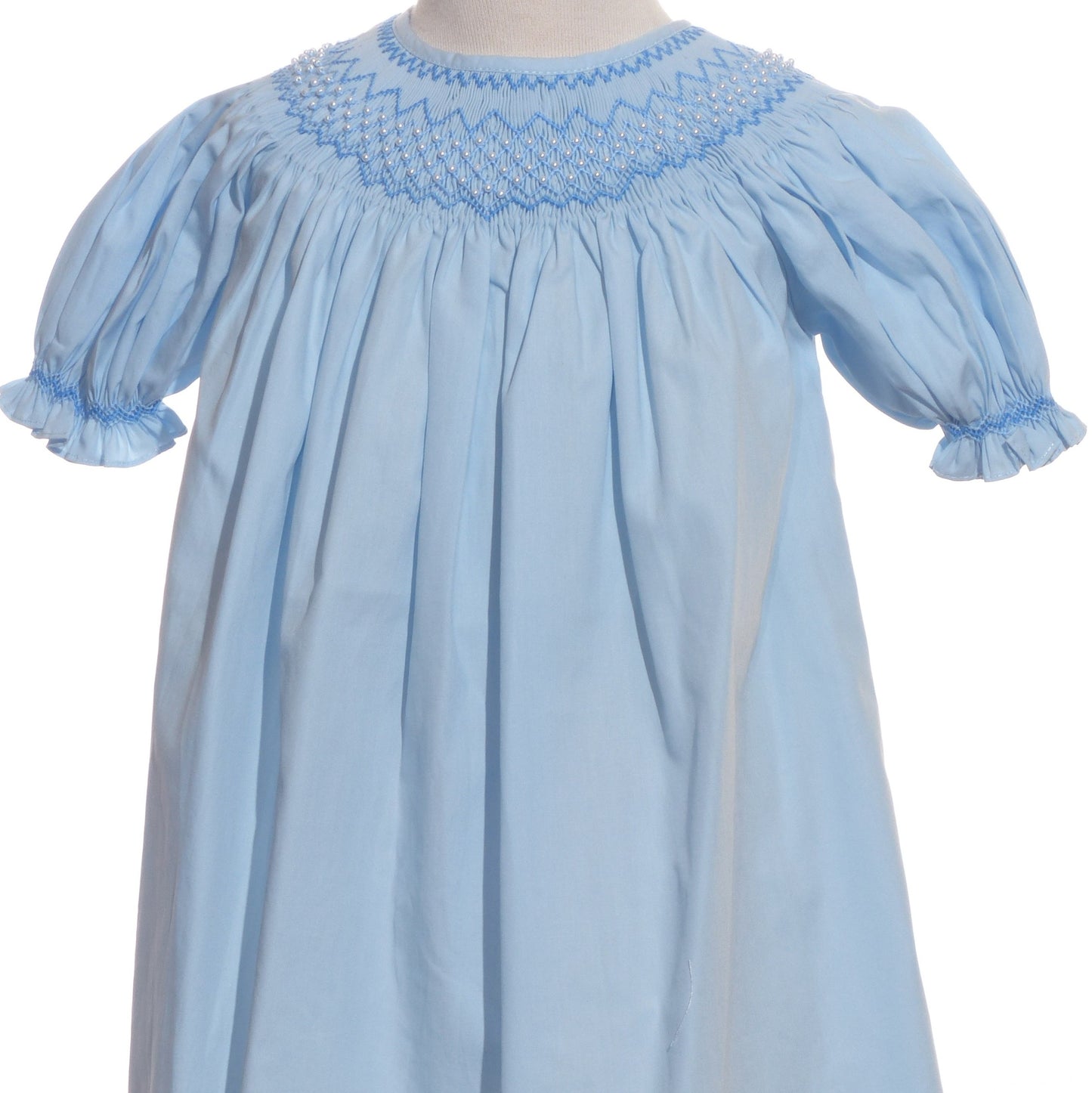 Blue Geo Smocked With Pearls Short Sleeve Bishop Dress