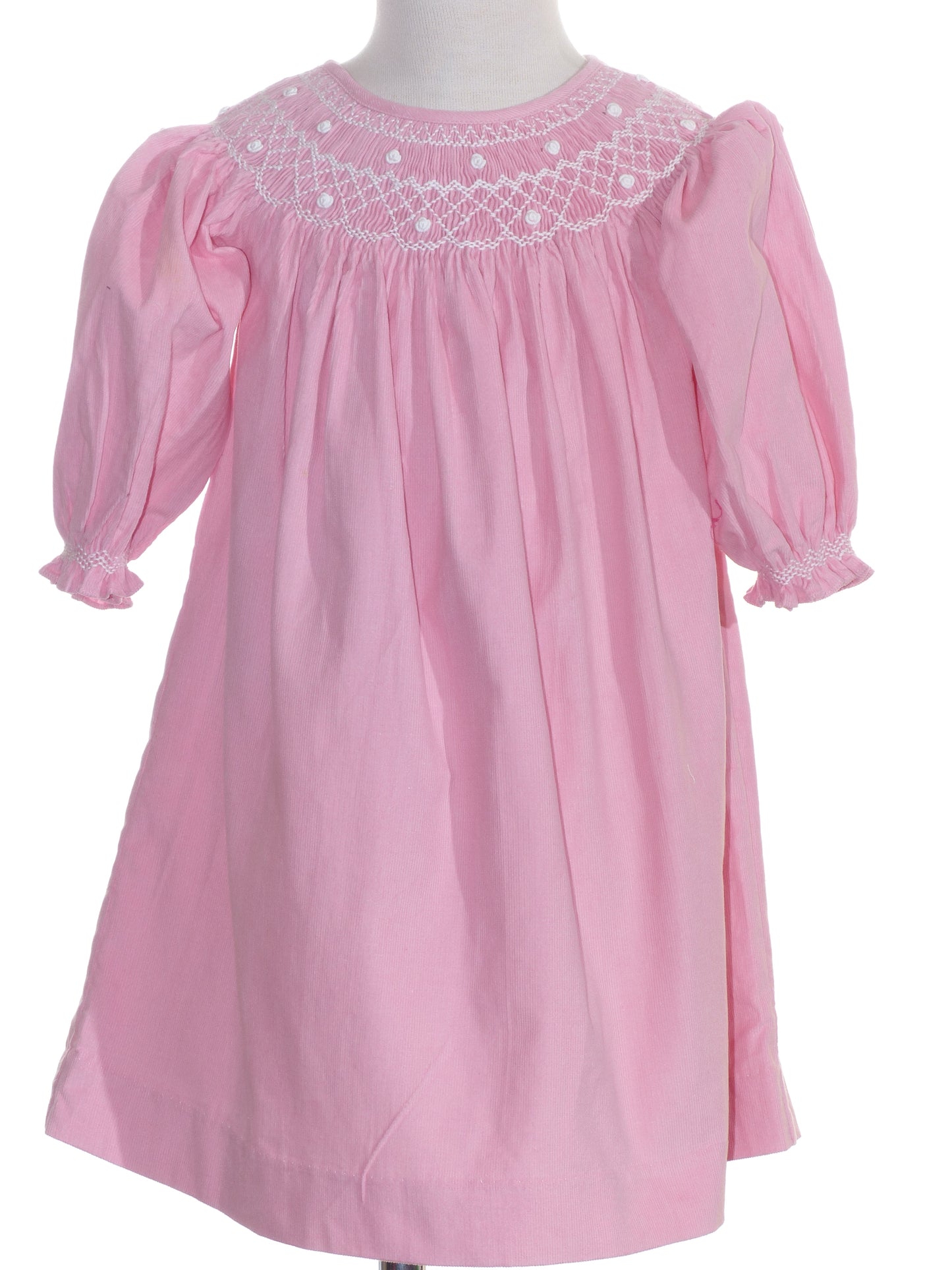 Pink Corduroy Geo Smocked With Pearl Long Sleeve Bishop Dress
