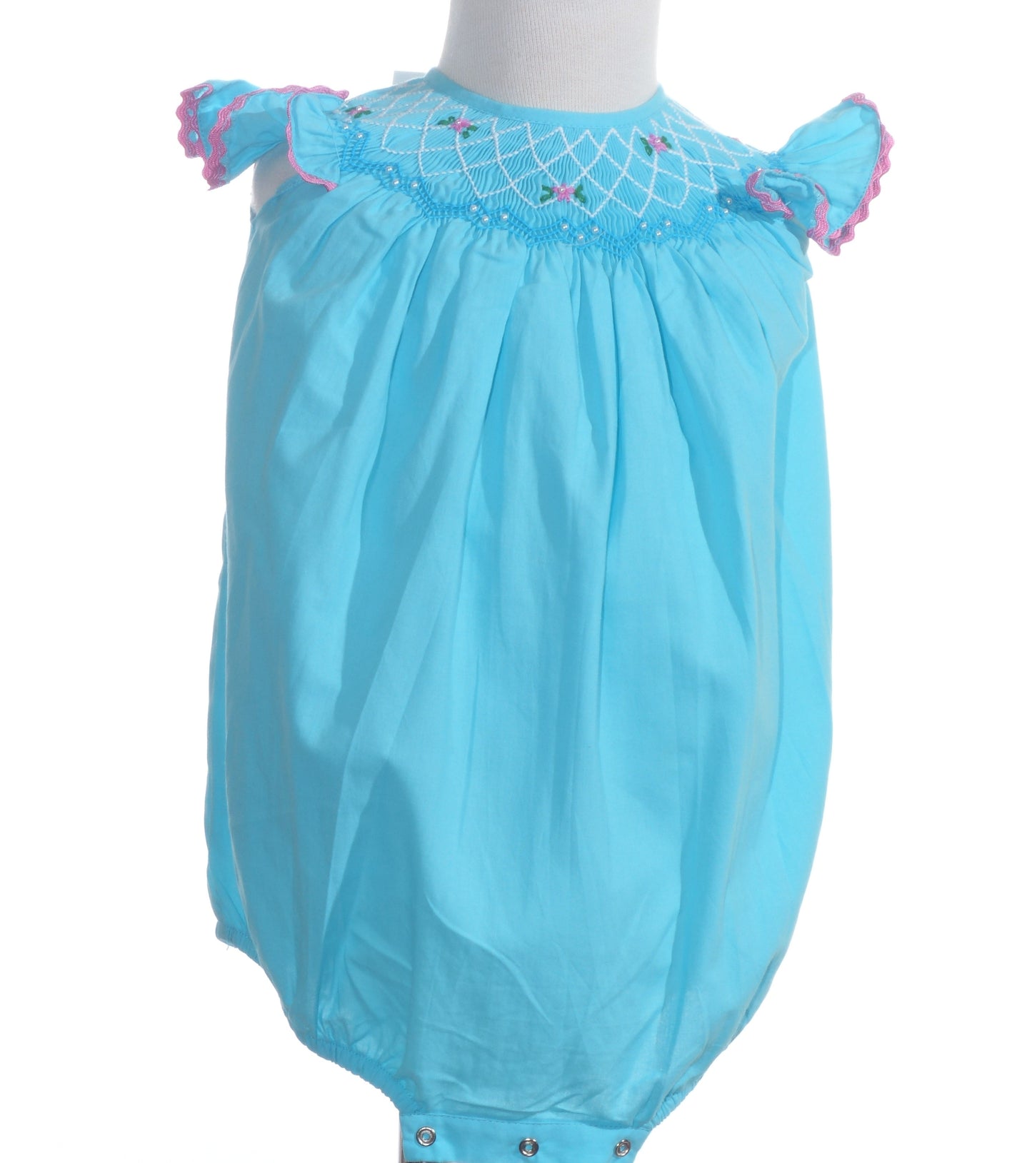 Blue Geo Smocked With Flowers Angel Wing Sleeve Bubble