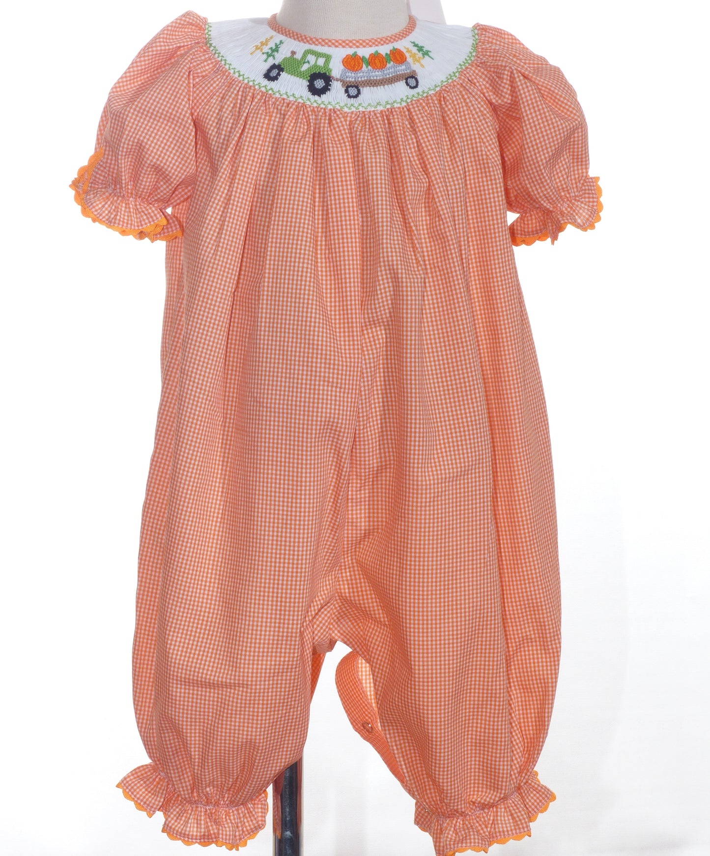 Orange Gingham Short Bishop Sleeve Romper featuring TRACTOR WITH PUMPKINS Hand-Smocked
