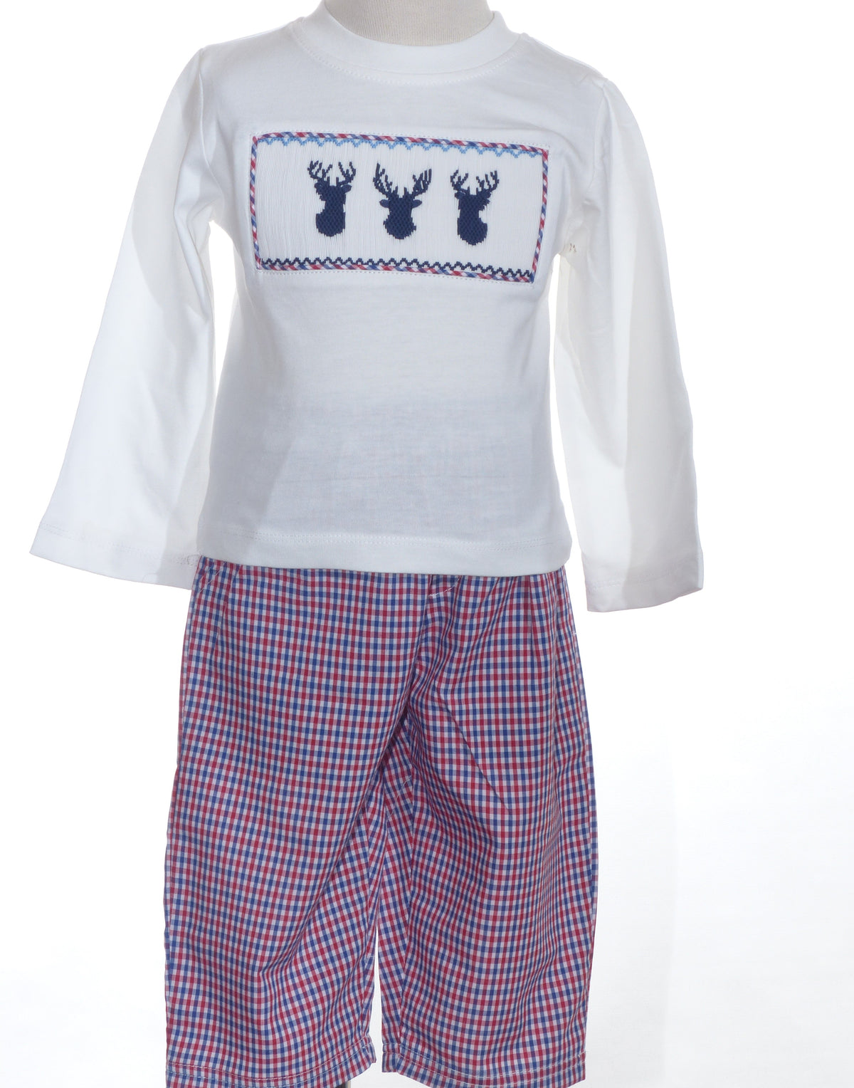 Red Gingham Boy Long Sleeve Top With REINDEER Smocked & Red-Blue Paid Pant