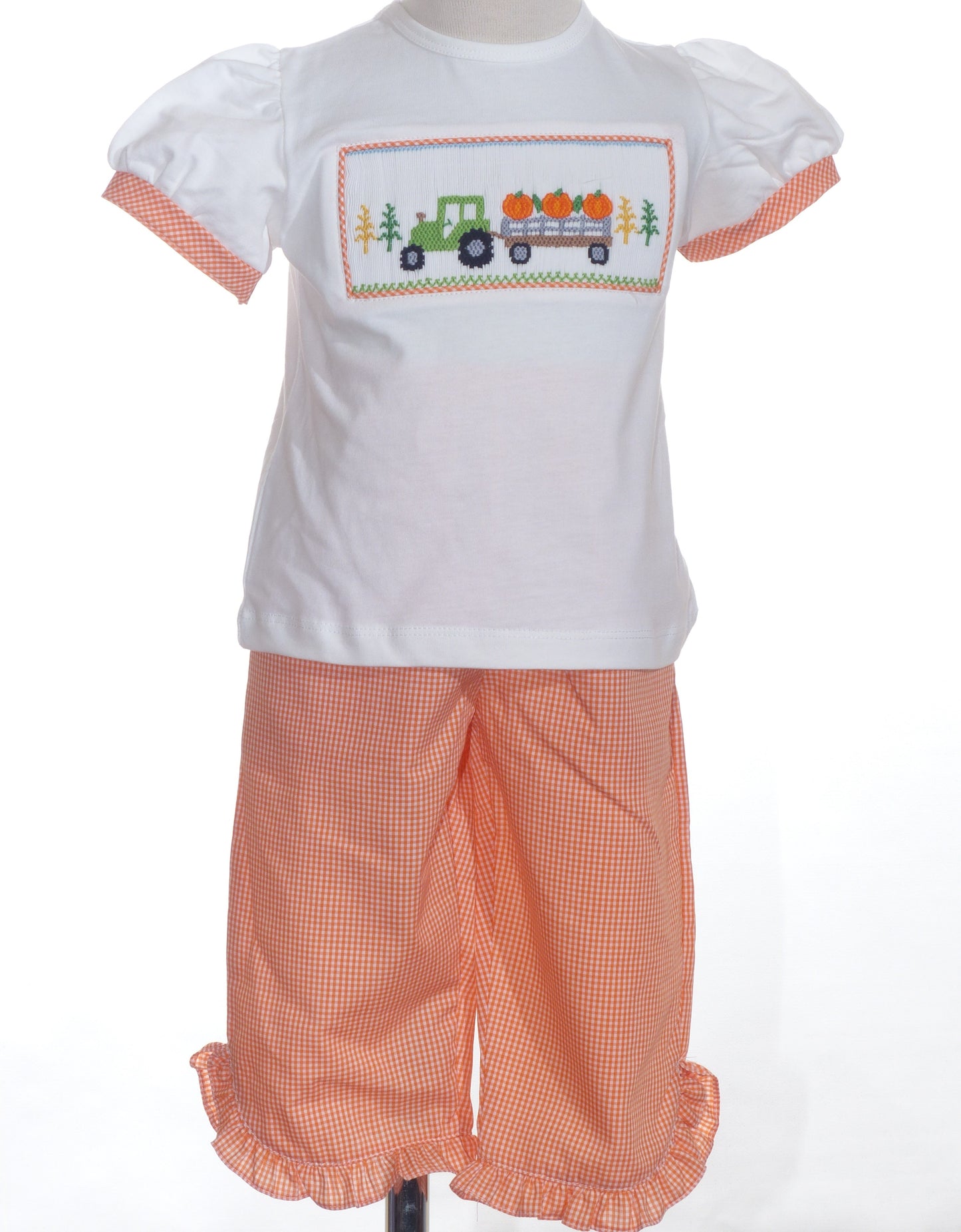 Orange Gingham Pant Set featuring TRACTOR WITH PUMPKINS Hand-Smocked