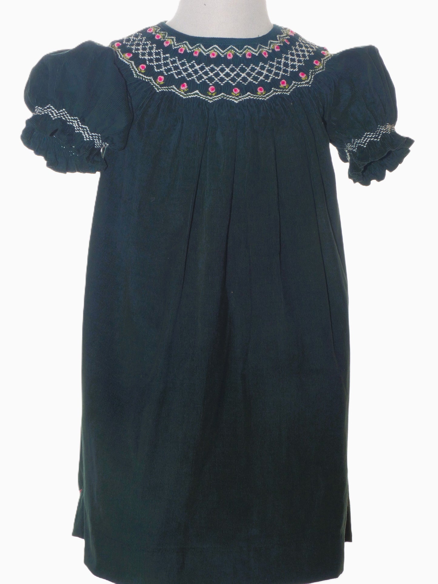 Green Corduroy Smocked with Roses Short Sleeve Bishop Dress