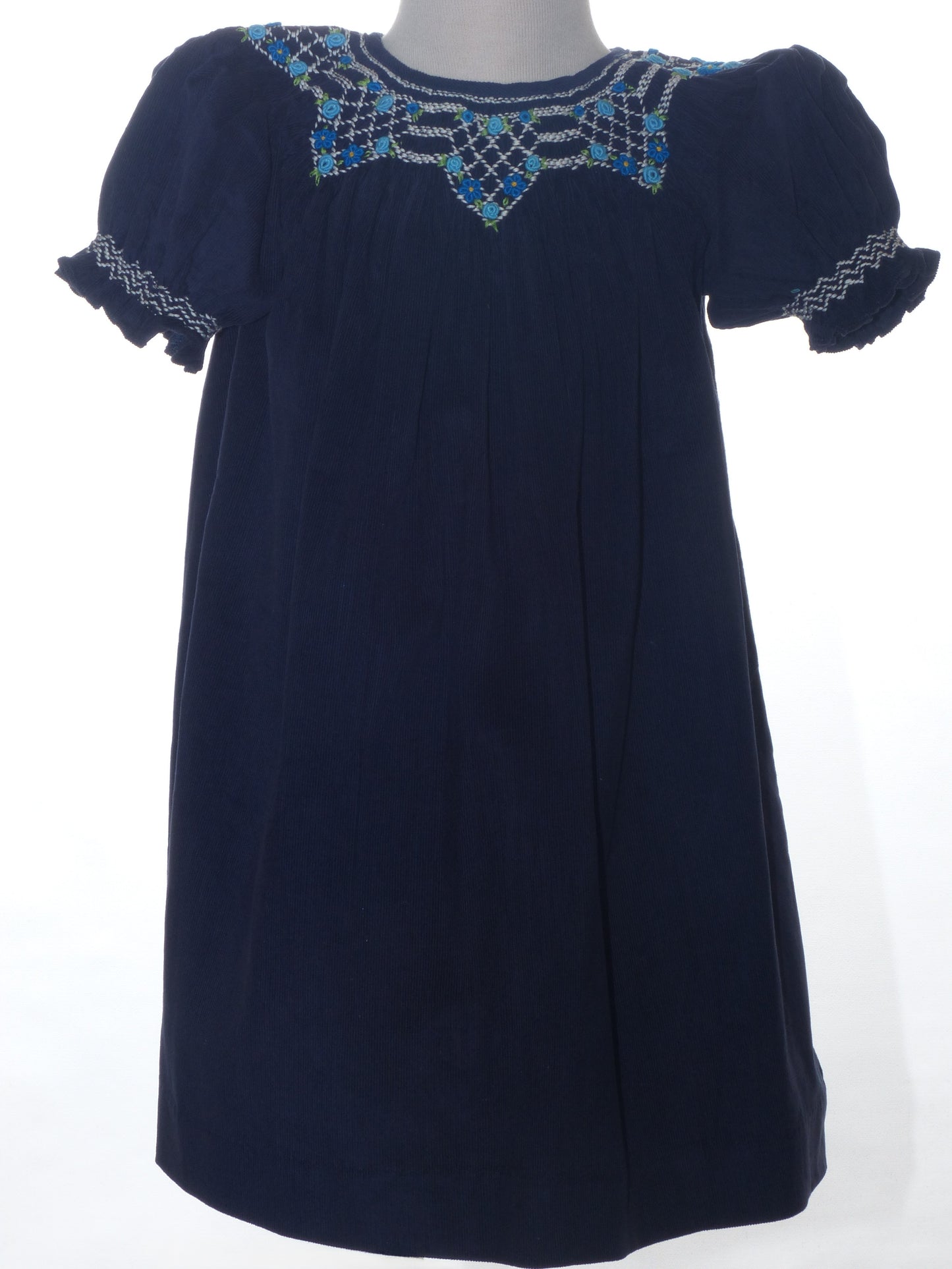 Navy Corduroy Geometric Smocked with Flowers Short Sleeve Bishop Dress