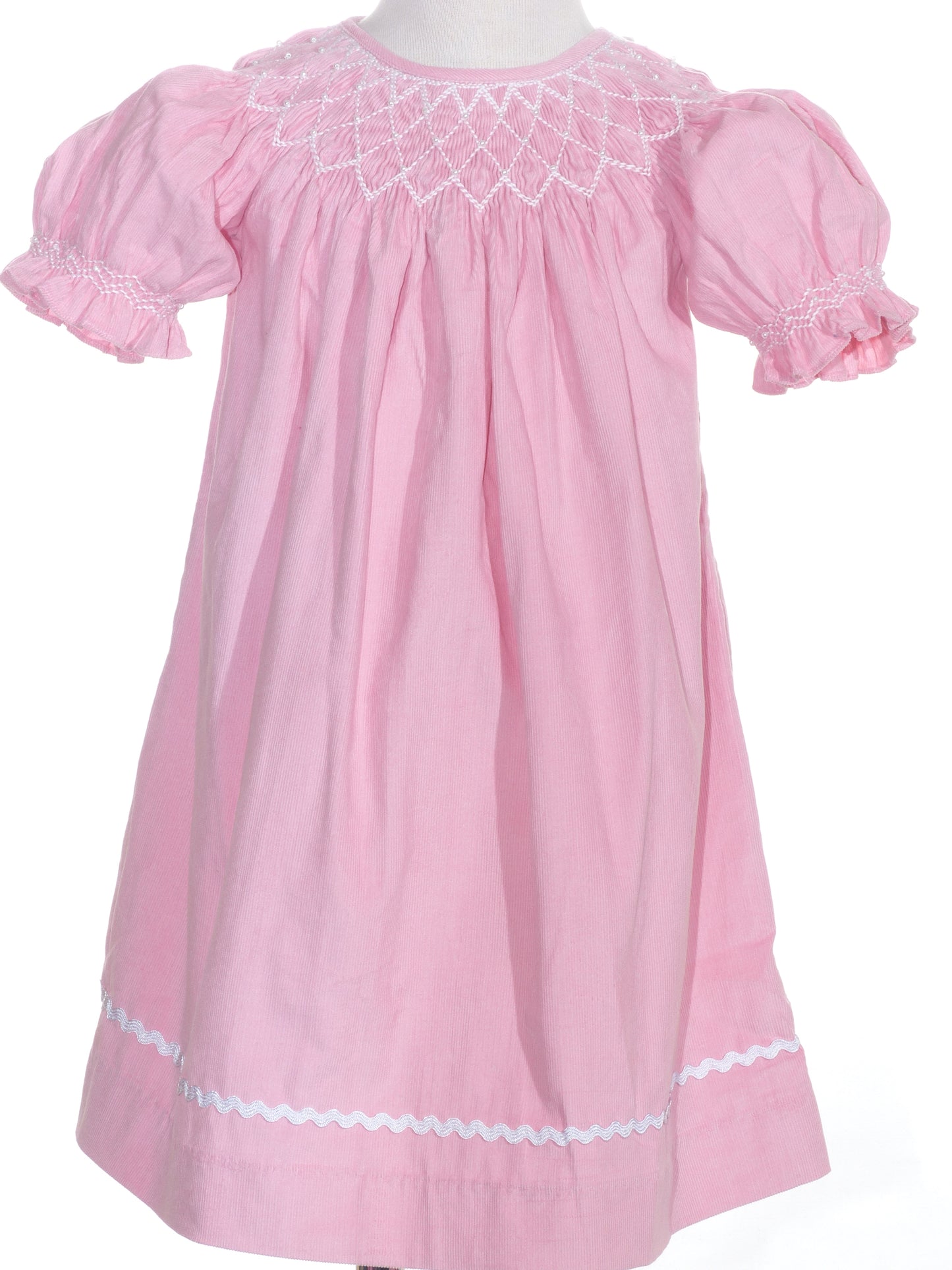Pink Corduroy Geo Smocked With Pearl Short Sleeve Bishop Dress