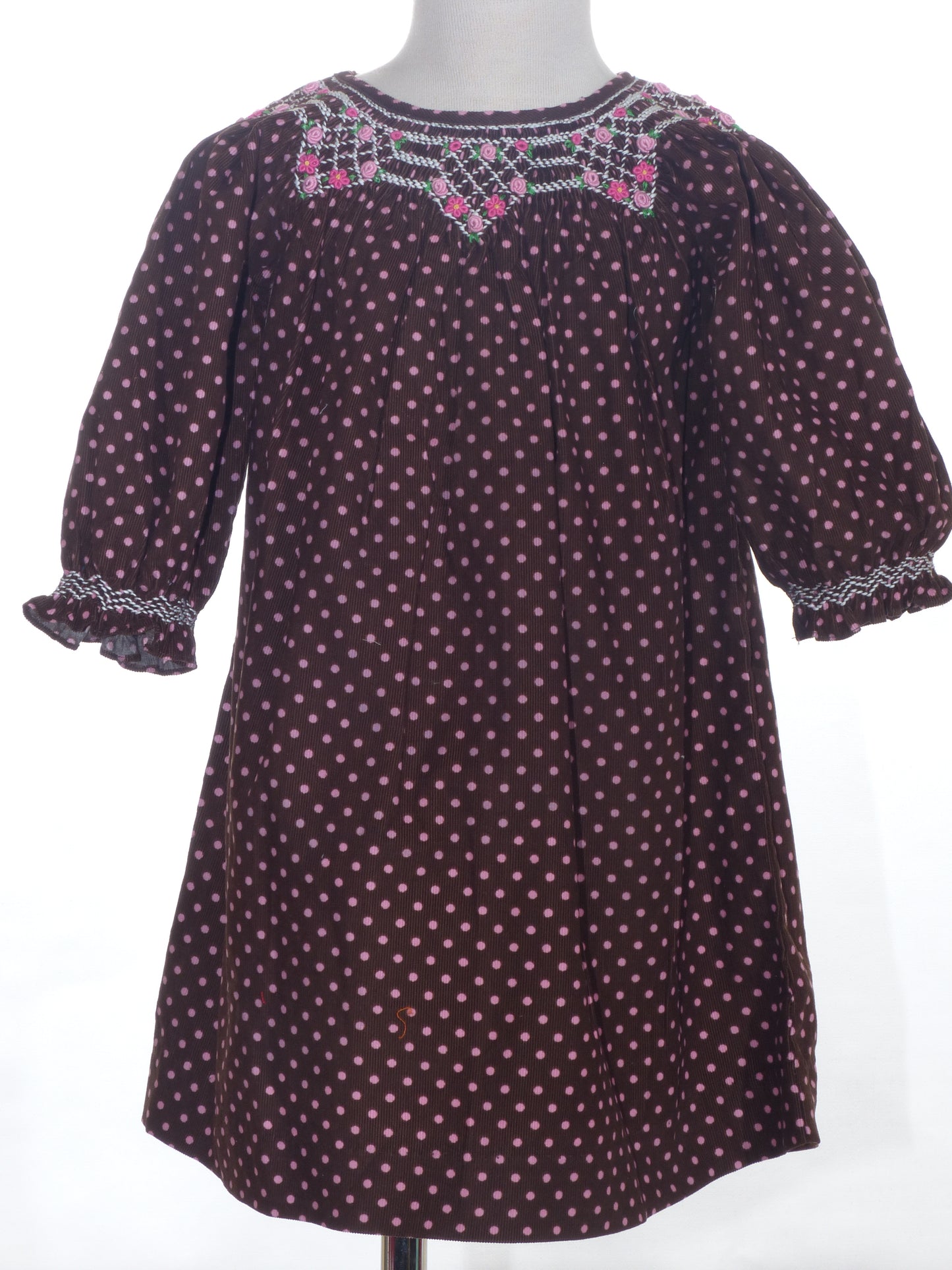 Brown & Pink Polka Dot Corduroy Geometric Smocked Long Sleeve Bishop Dress