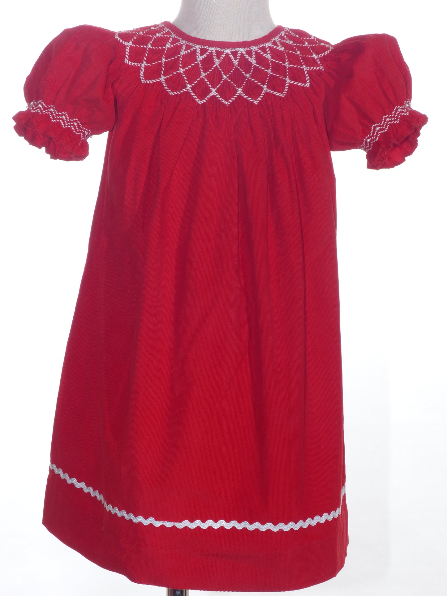 Red Corduroy Pearl Smocked With Short Bishop Sleeve Dress