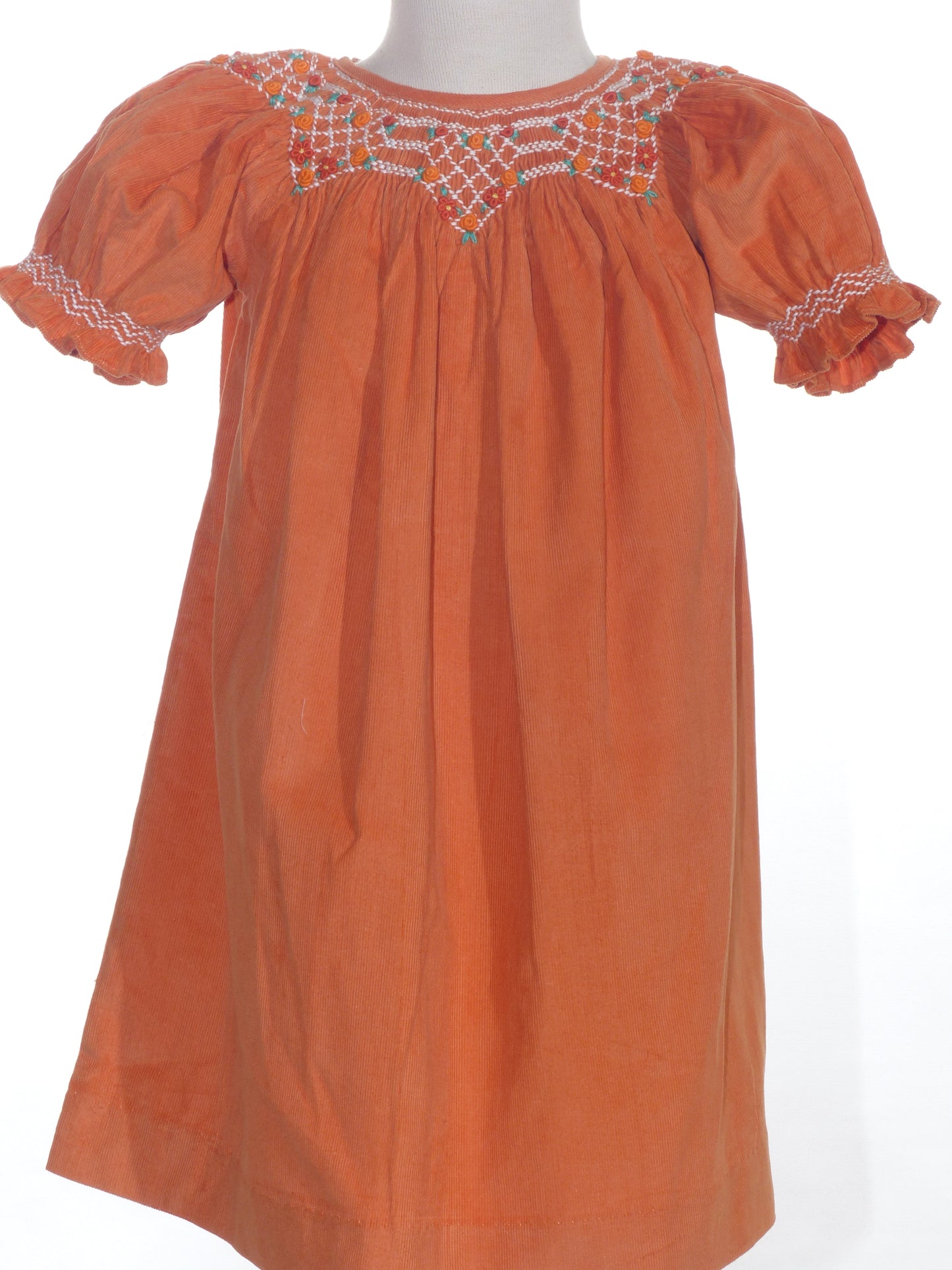 Orange Corduroy Geo Smocked Short Bishop Sleeve Dress