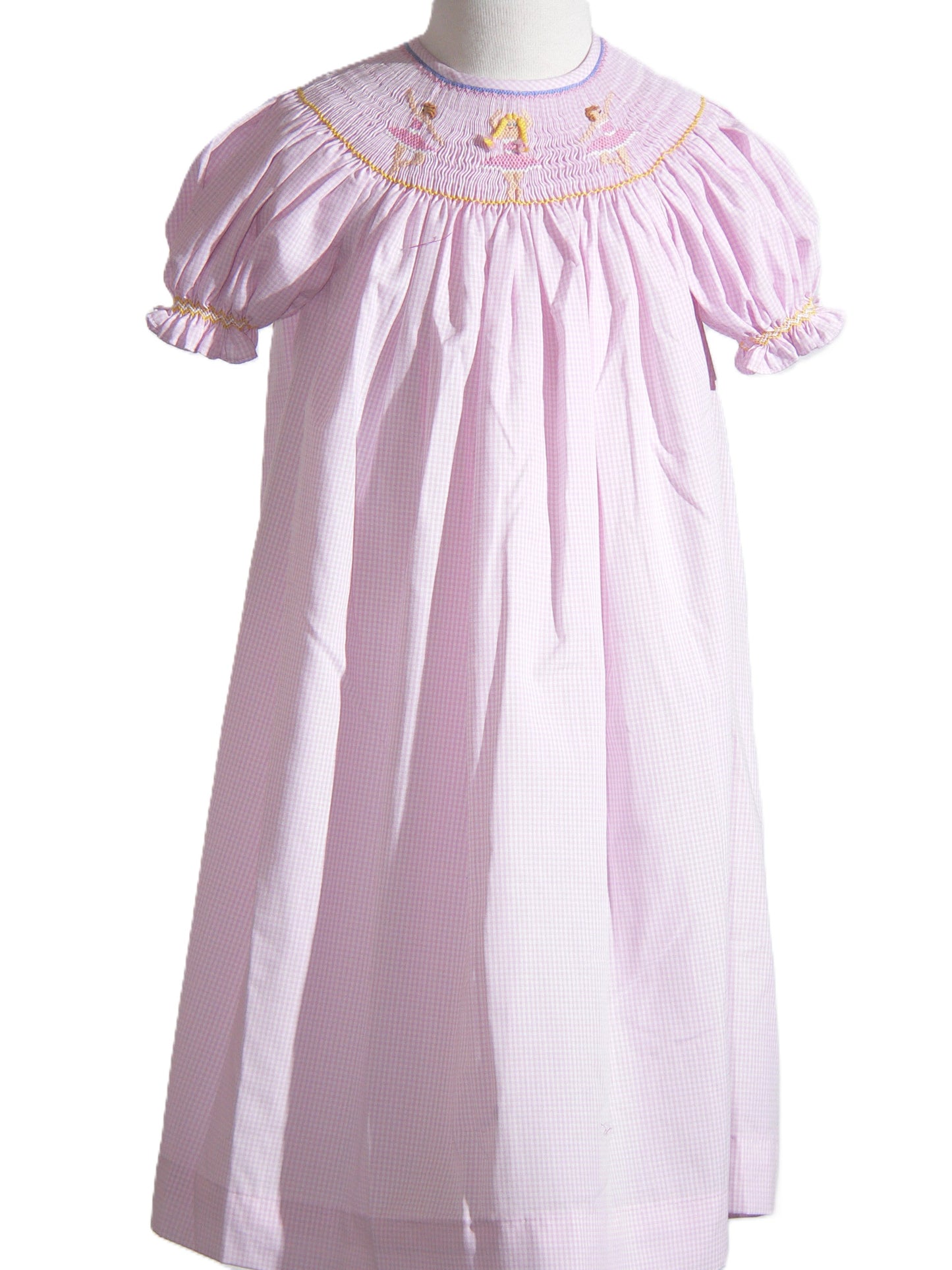 Pink Gingham BALLERINA Smocked Short Sleeve Bishop Dress