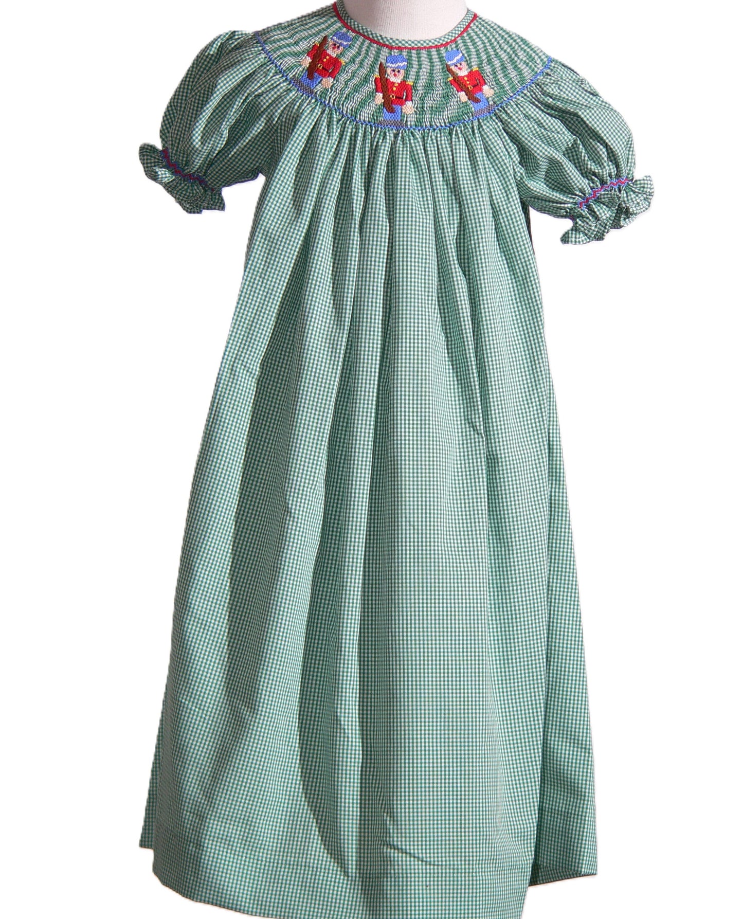 Green Gingham Short-Sleeve Bishop Dress With NUTCRACKER Hand-Smocked