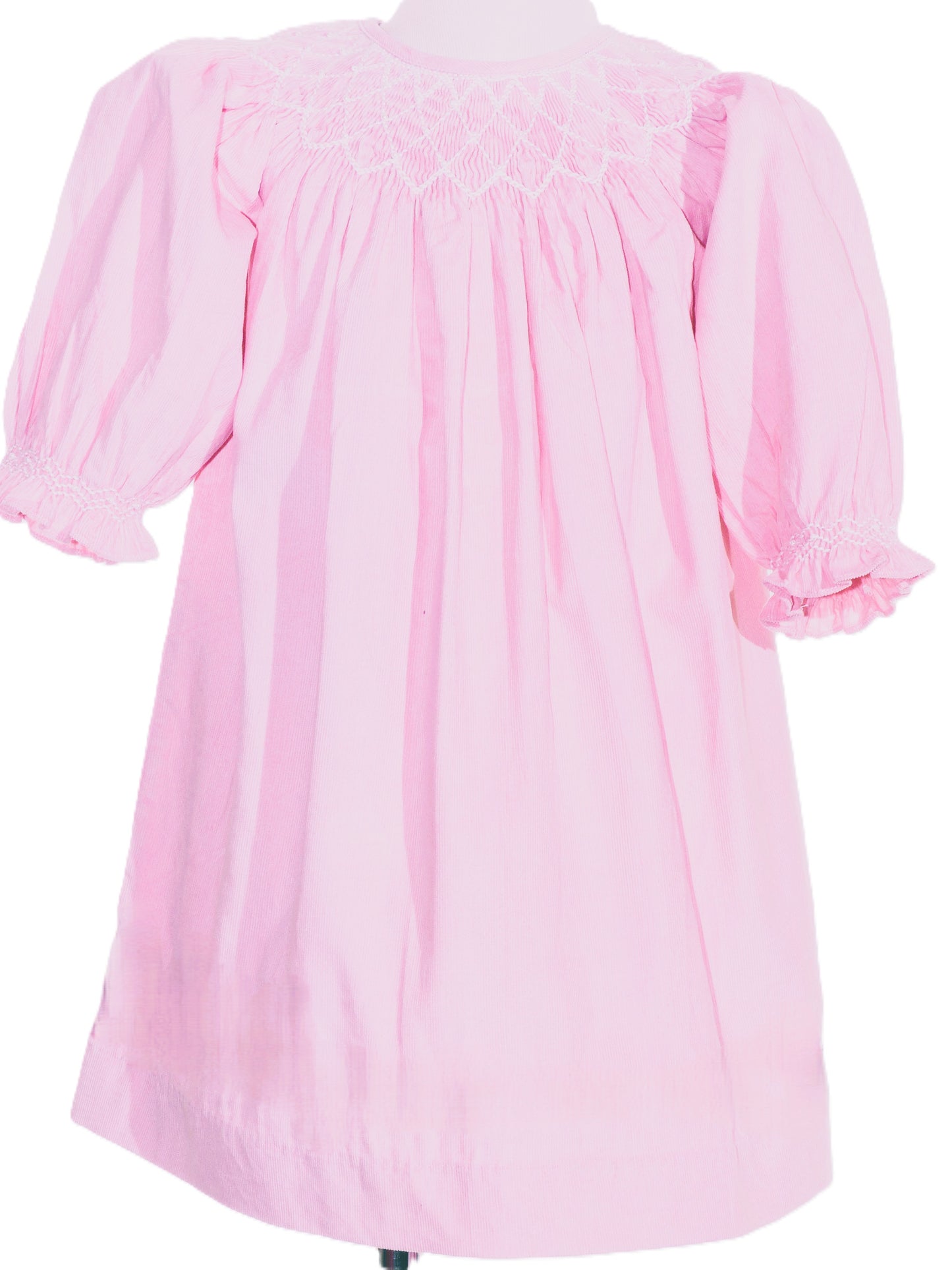 Pink Geometric Smocked Embroidered With Roses Long Sleeve Dress