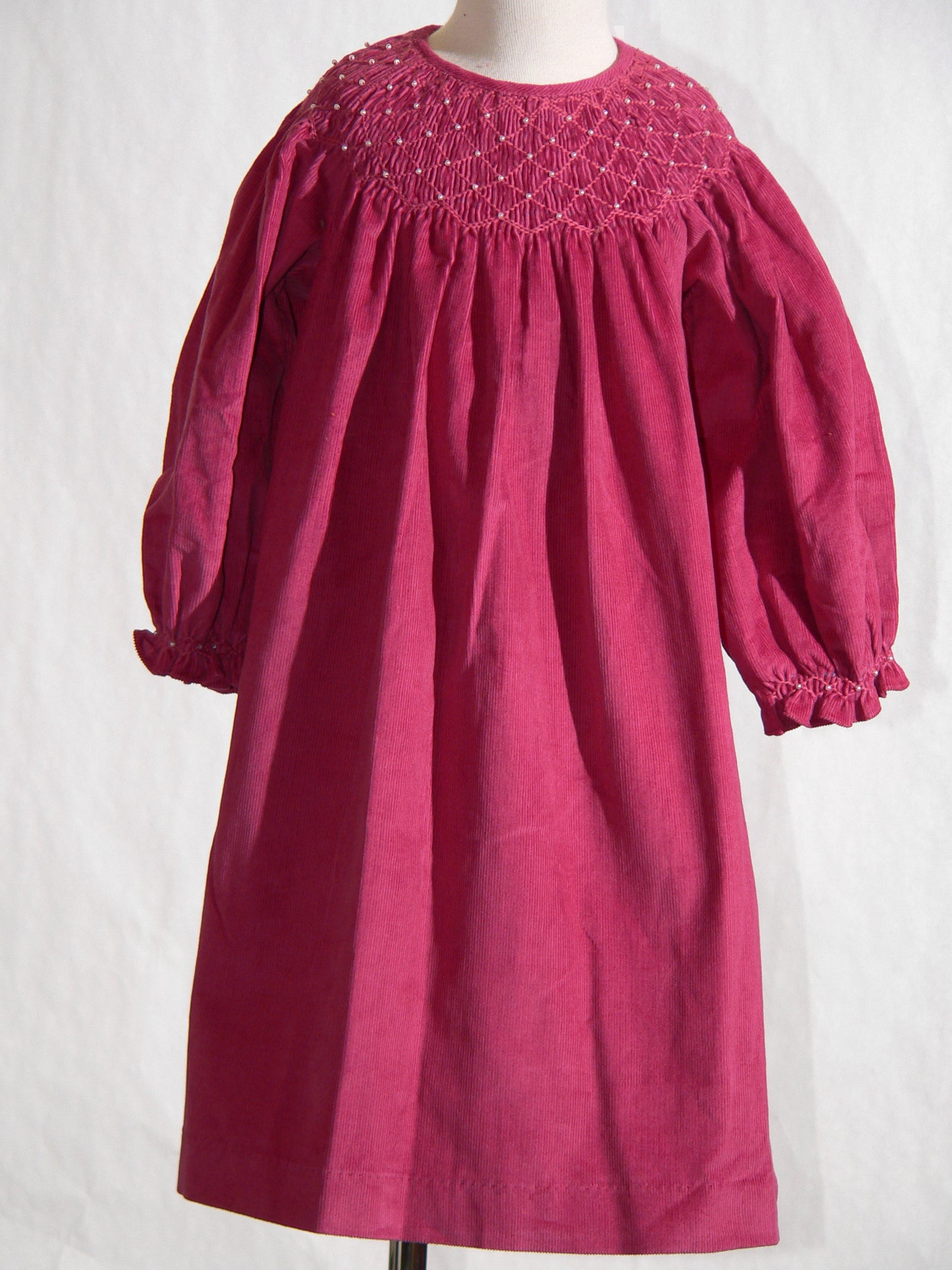 Pink Corduroy Geo Smocked With Pearl Long Sleeve Bishop Dress