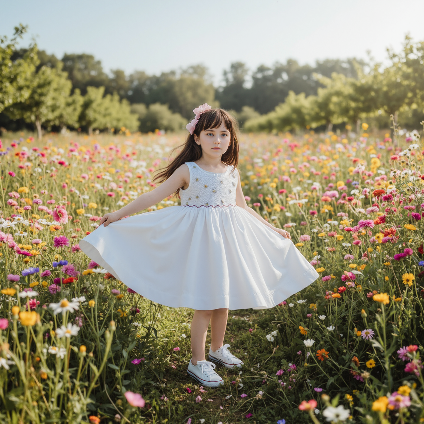 White Geometric Smocked with Multi Flowers Sleeveless Dress