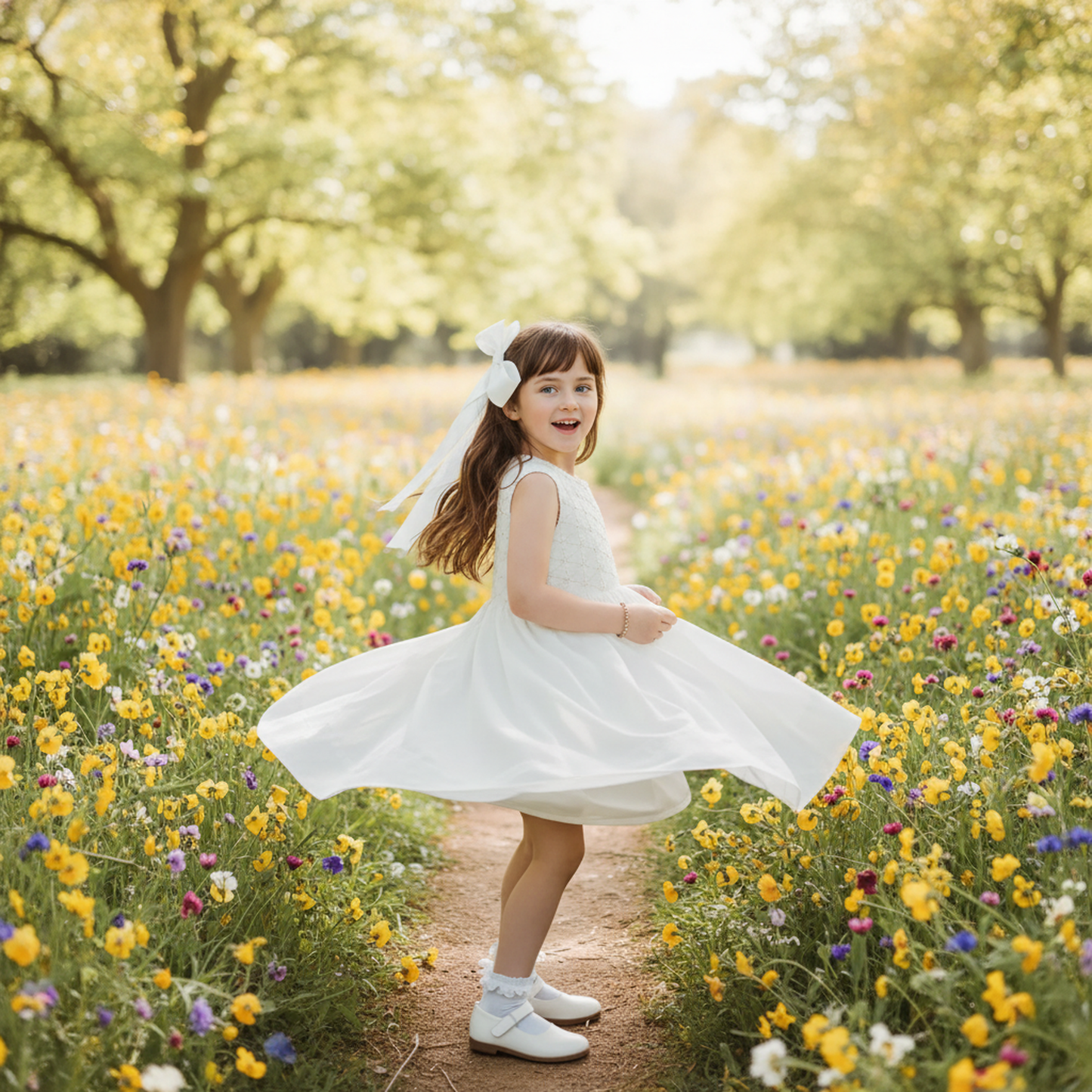 White Geometric Smocked with Pearls & Flowers Sleeveless Dress